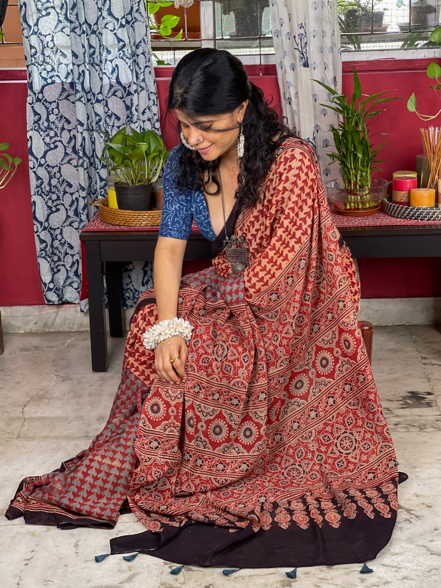 Handblock Printed  Natural Dyed  Ajrakh Mull Cotton Saree
