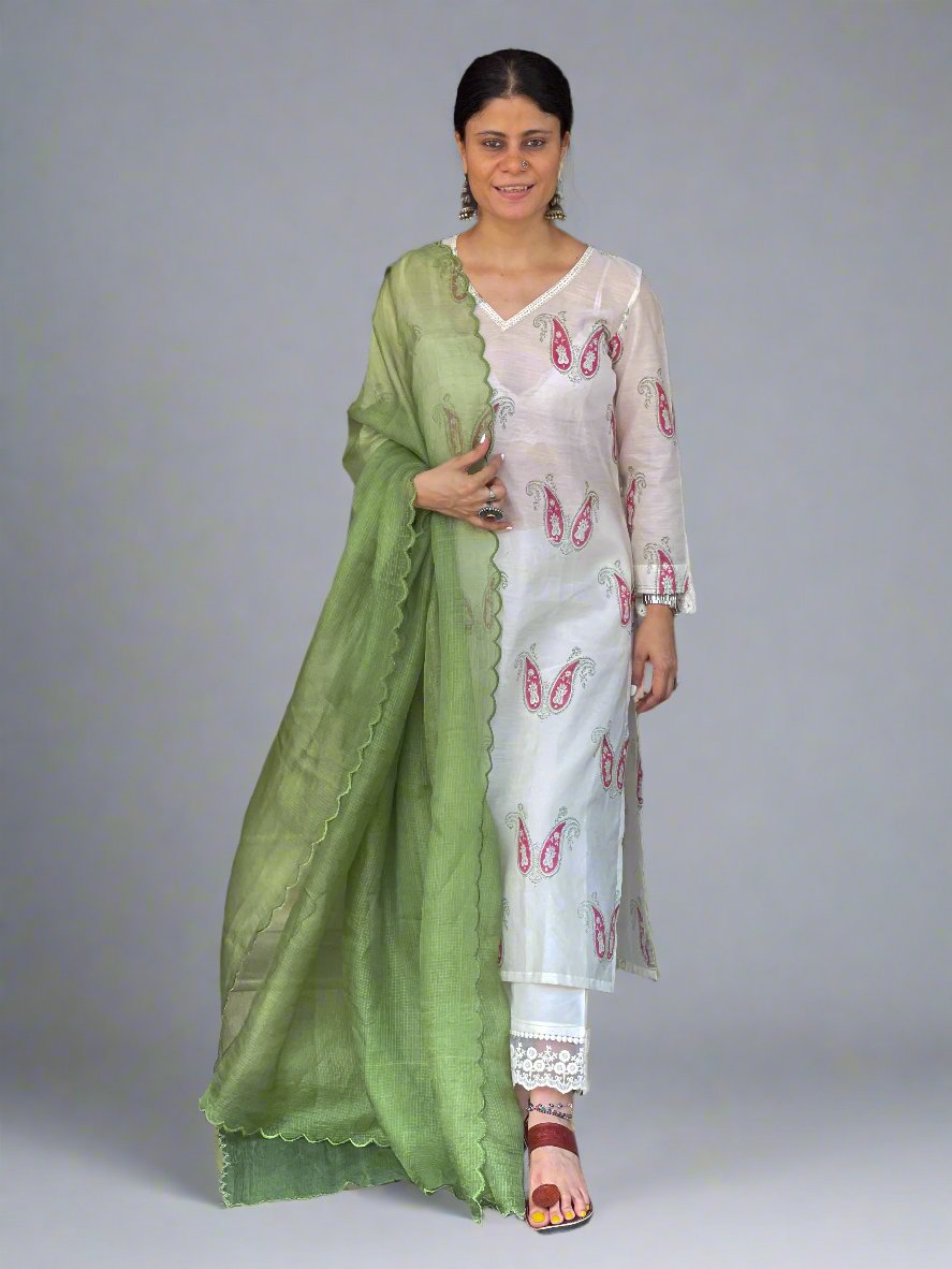 Handloom & handblock printed chanderi silk cotton kurta with kota silk dupatta