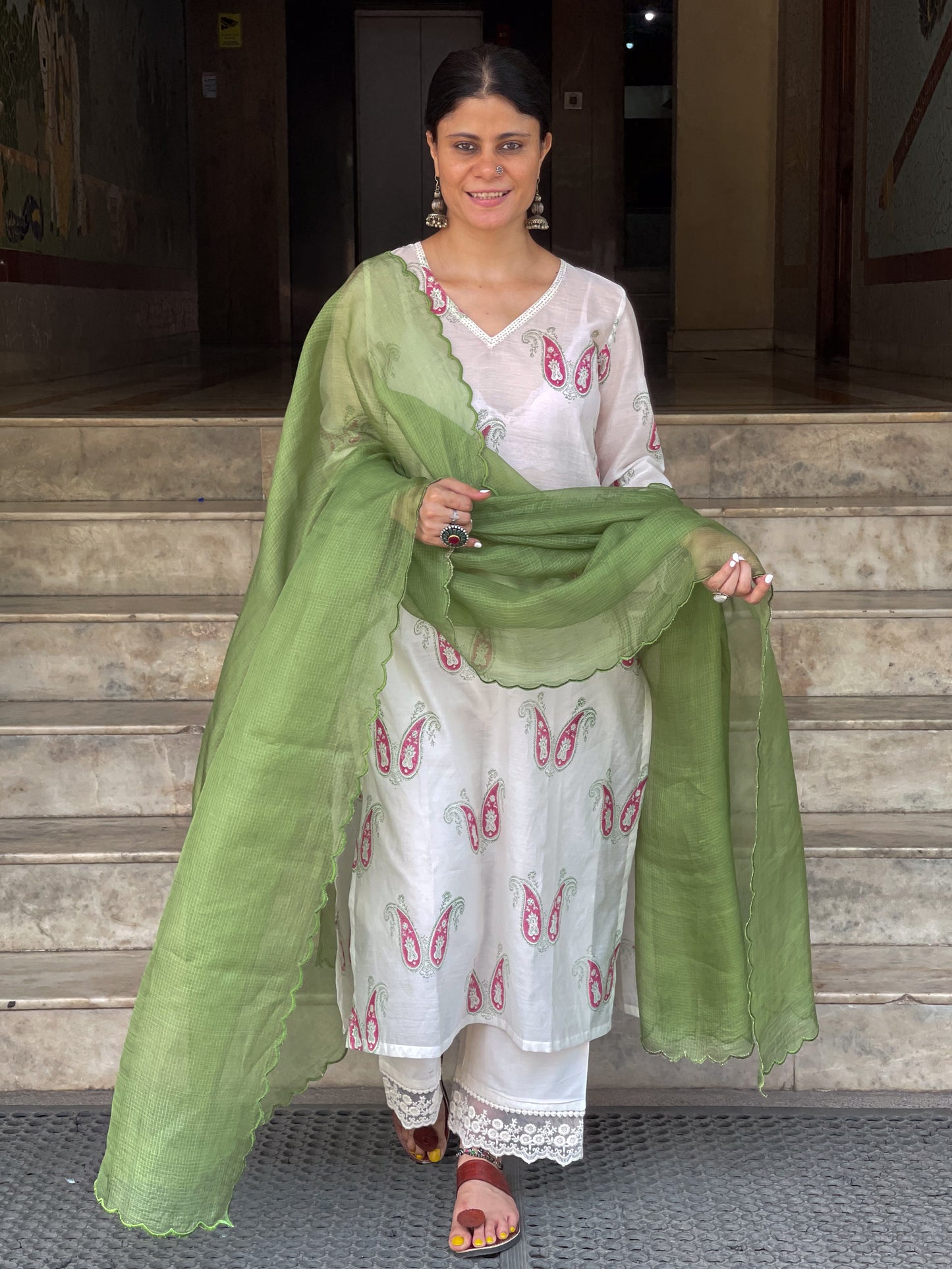 Handloom & handblock printed chanderi silk cotton kurta with kota silk dupatta