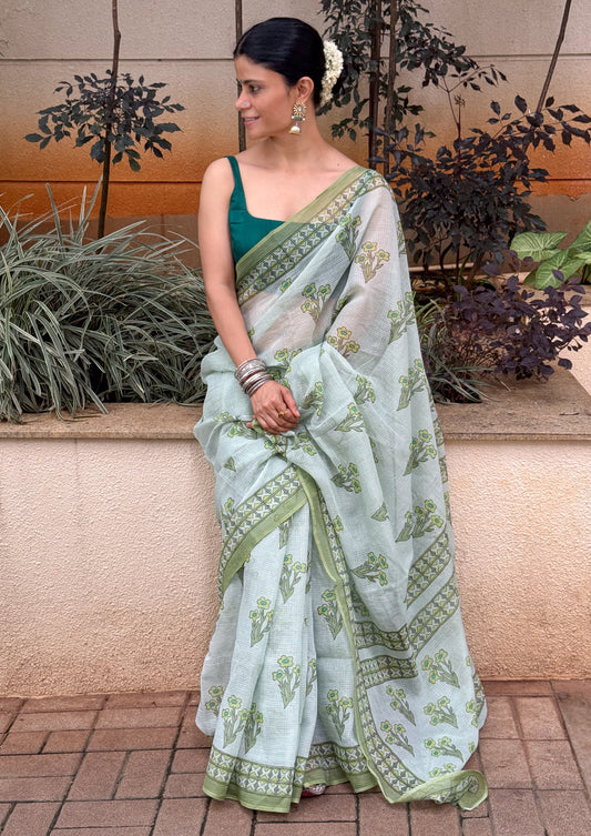 Hand block Printed  Kota Doria Saree