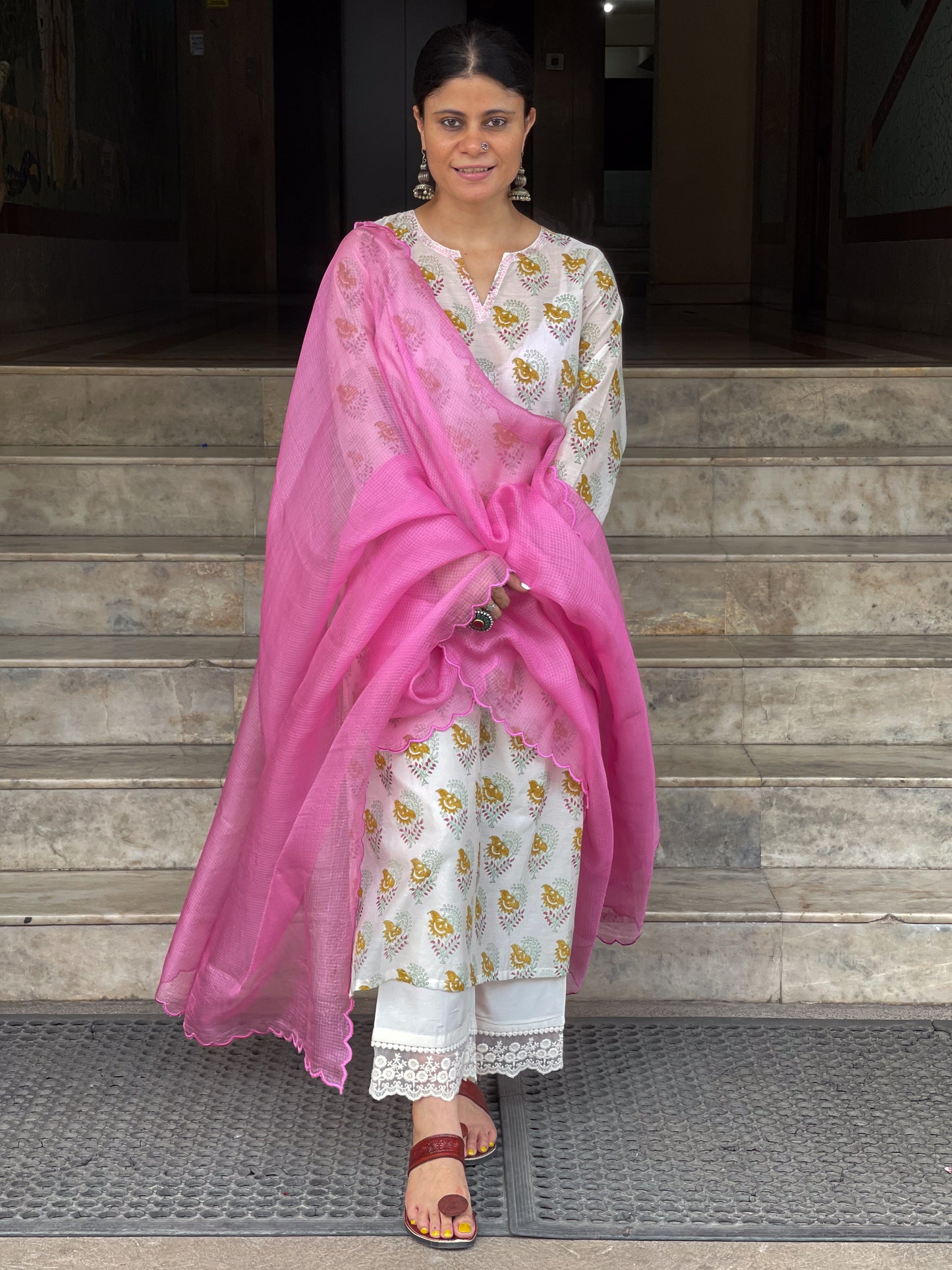 Handloom & handblock printed chanderi silk cotton kurta with kota silk dupatta