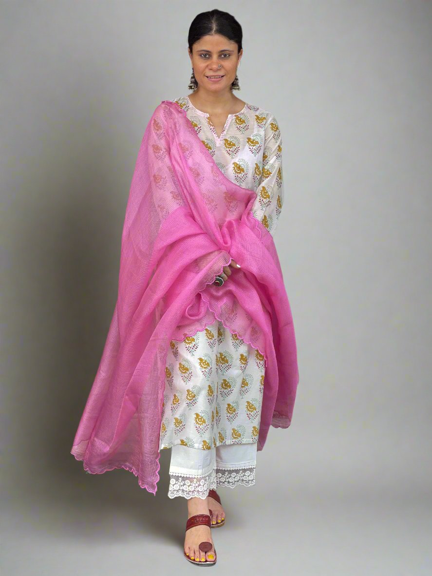 Handloom & handblock printed chanderi silk cotton kurta with kota silk dupatta