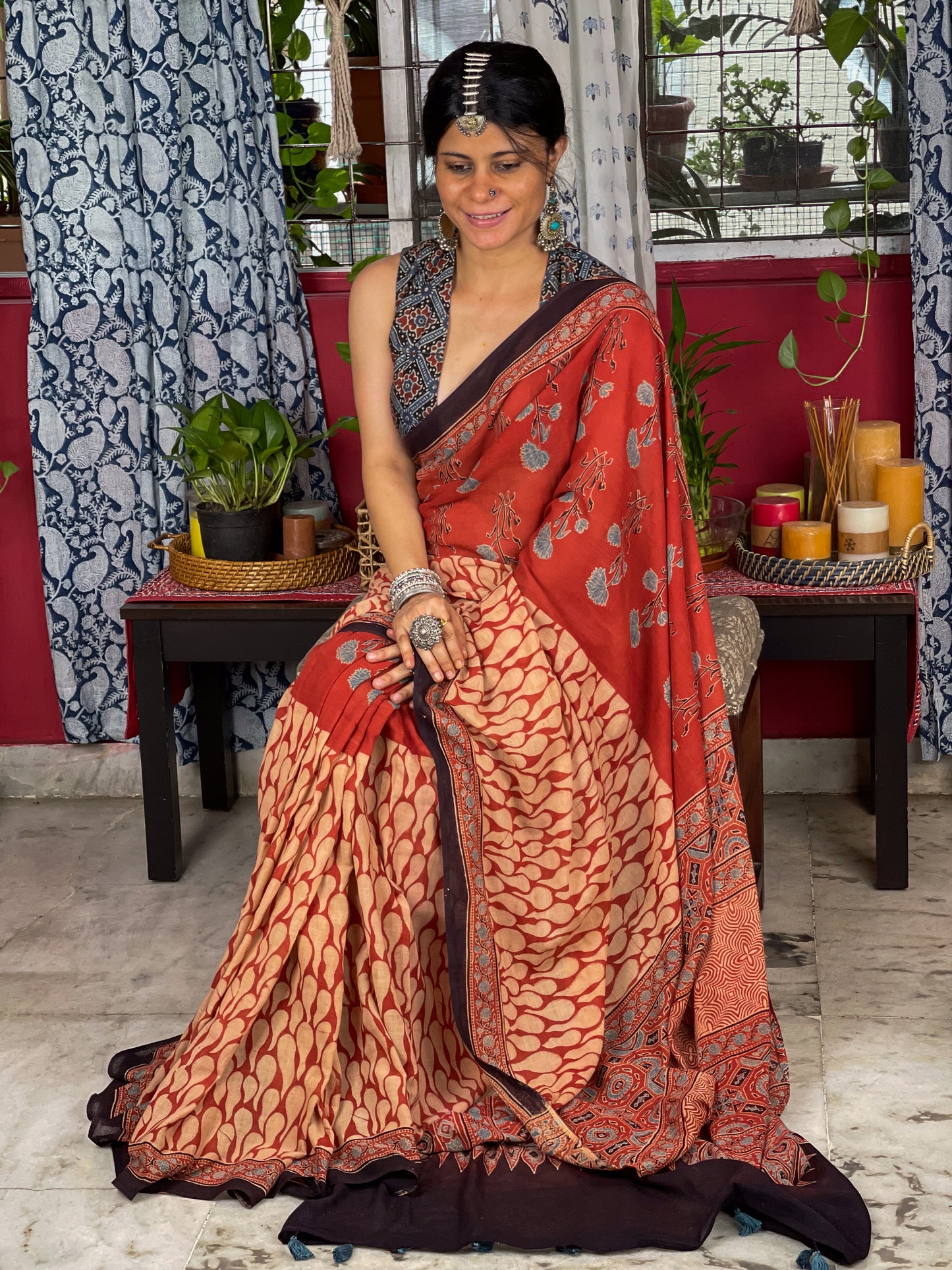 Handblock Printed  Natural Dyed  Ajrakh Mull Cotton Saree