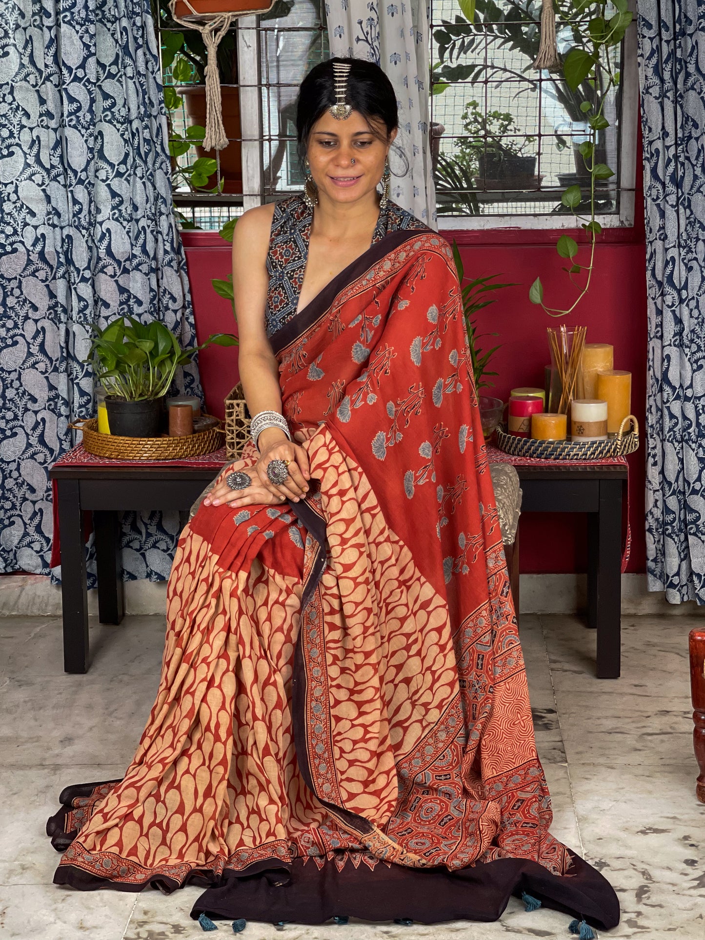 Handblock Printed  Natural Dyed  Ajrakh Mull Cotton Saree