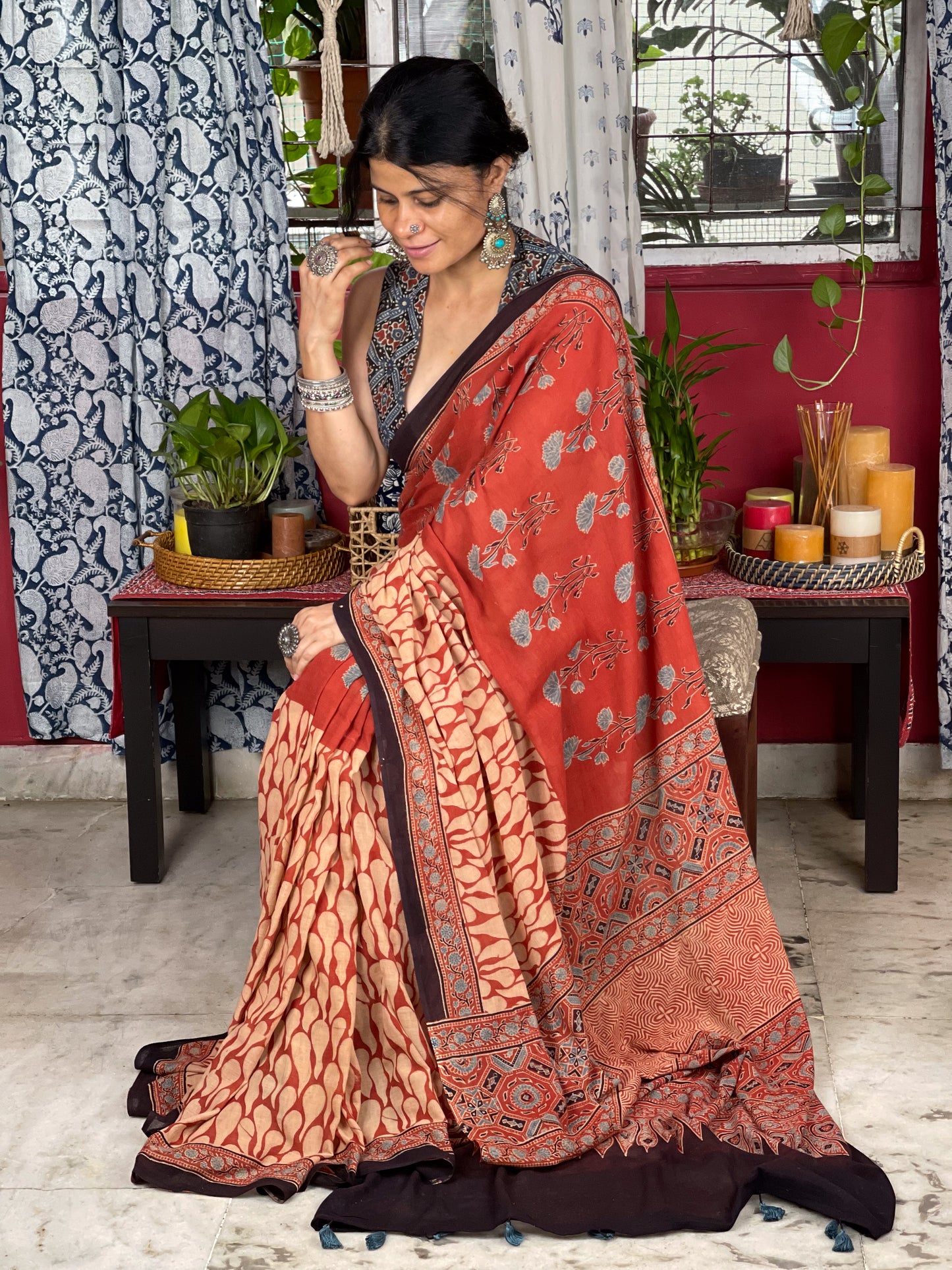 Handblock Printed  Natural Dyed  Ajrakh Mull Cotton Saree