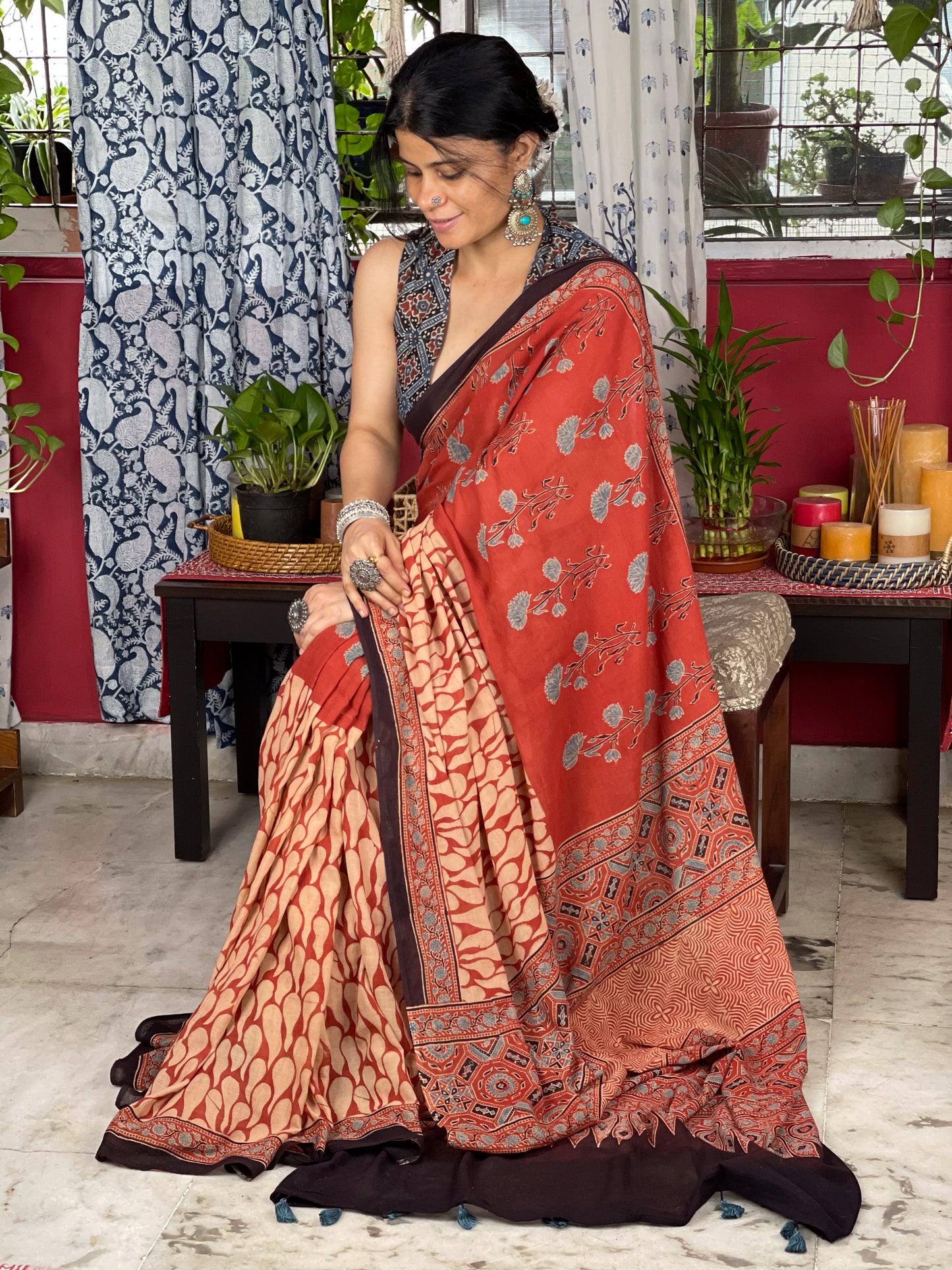 Handblock Printed  Natural Dyed  Ajrakh Mull Cotton Saree