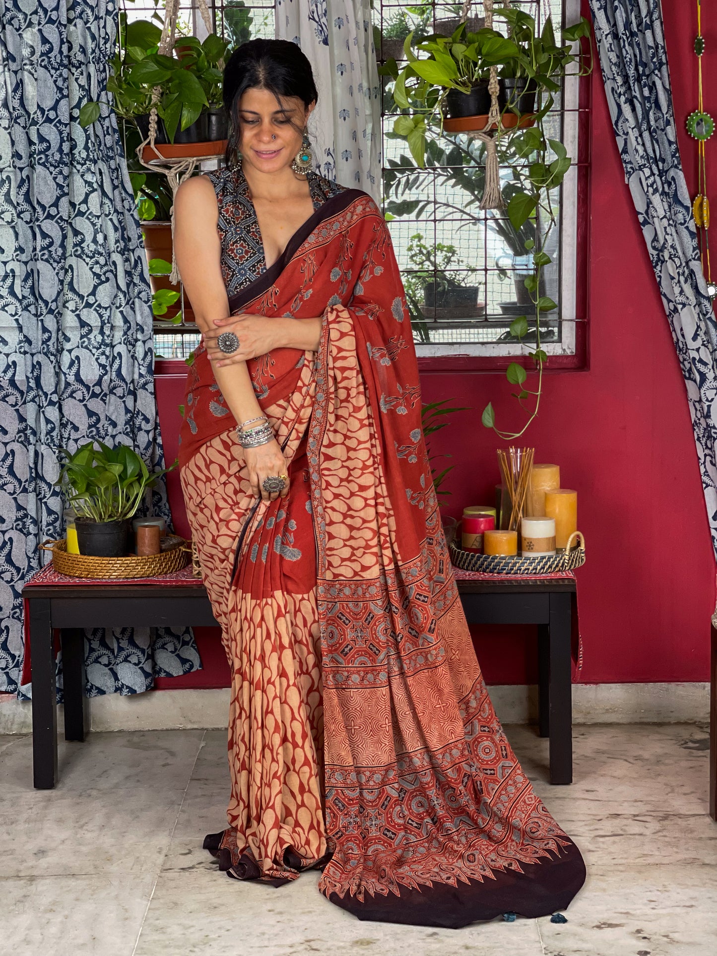 Handblock Printed  Natural Dyed  Ajrakh Mull Cotton Saree