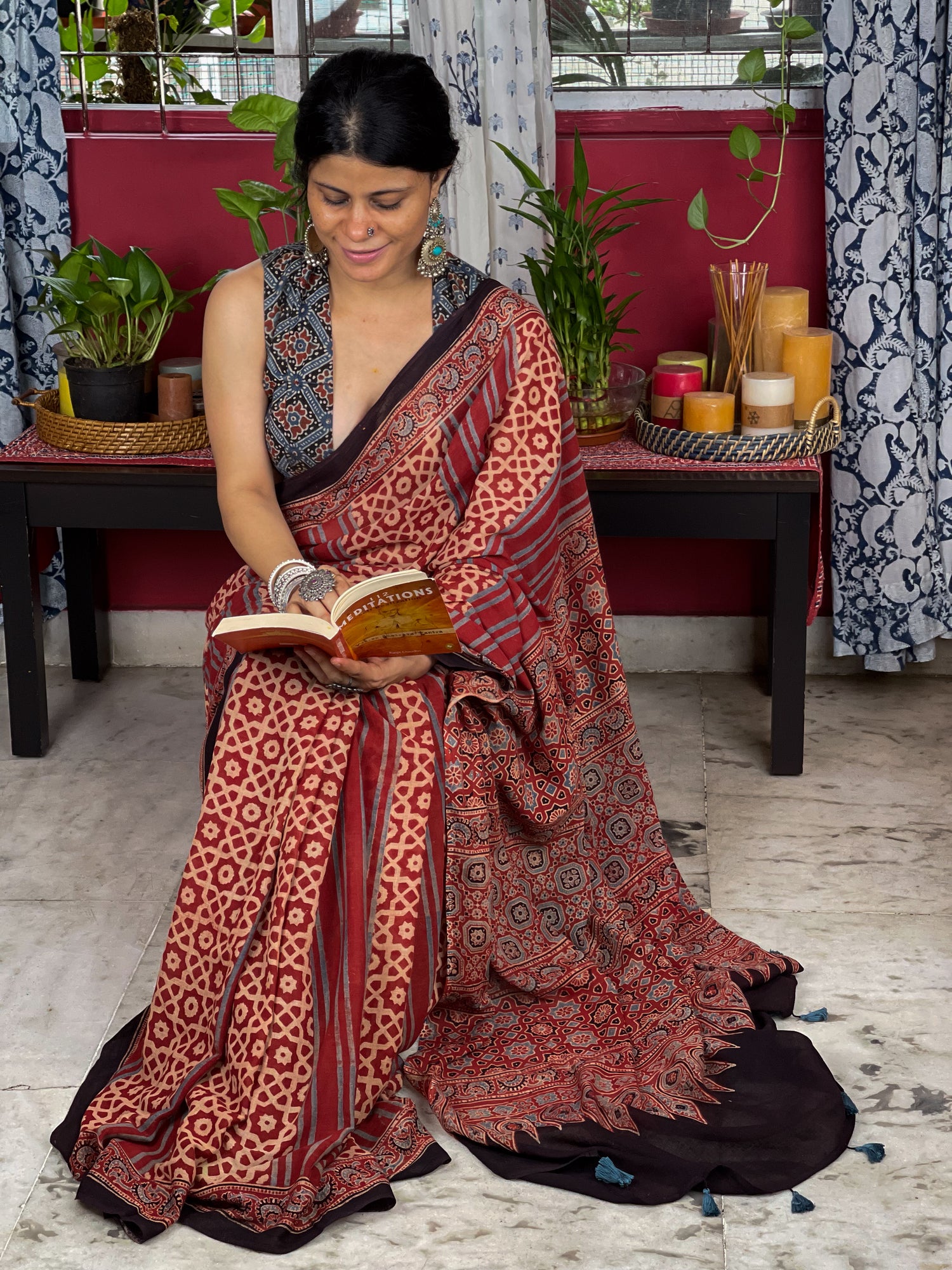 Handblock Printed  Natural Dyed  Ajrakh Mull Cotton Saree