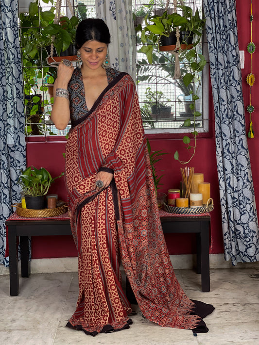 Handblock Printed  Natural Dyed  Ajrakh Mull Cotton Saree