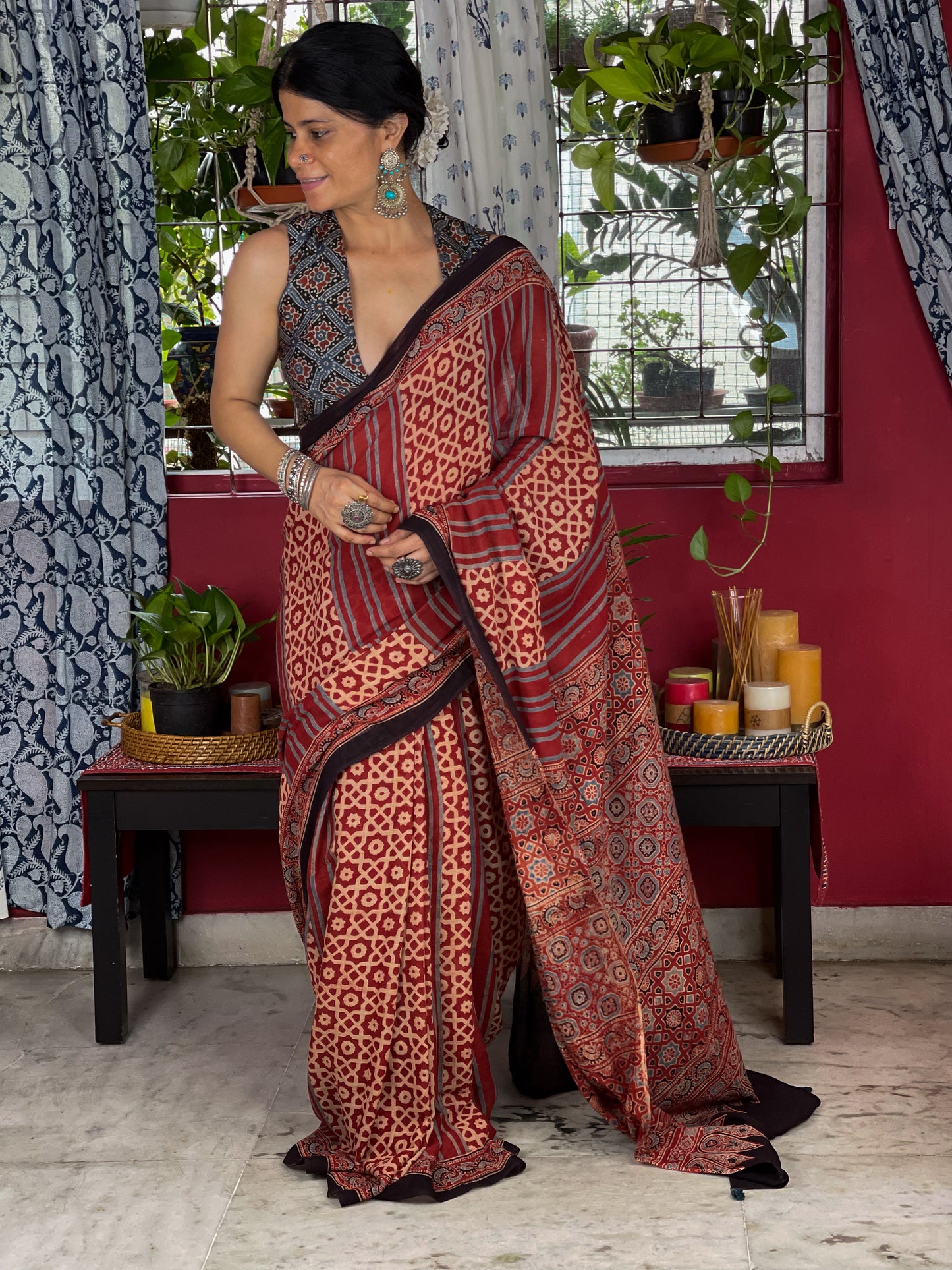 Handblock Printed  Natural Dyed  Ajrakh Mull Cotton Saree