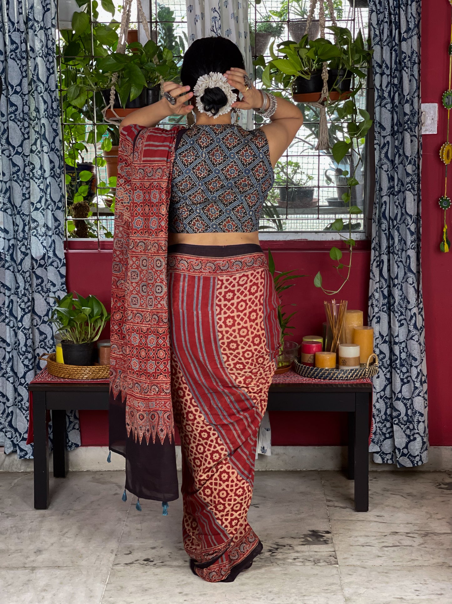 Handblock Printed  Natural Dyed  Ajrakh Mull Cotton Saree
