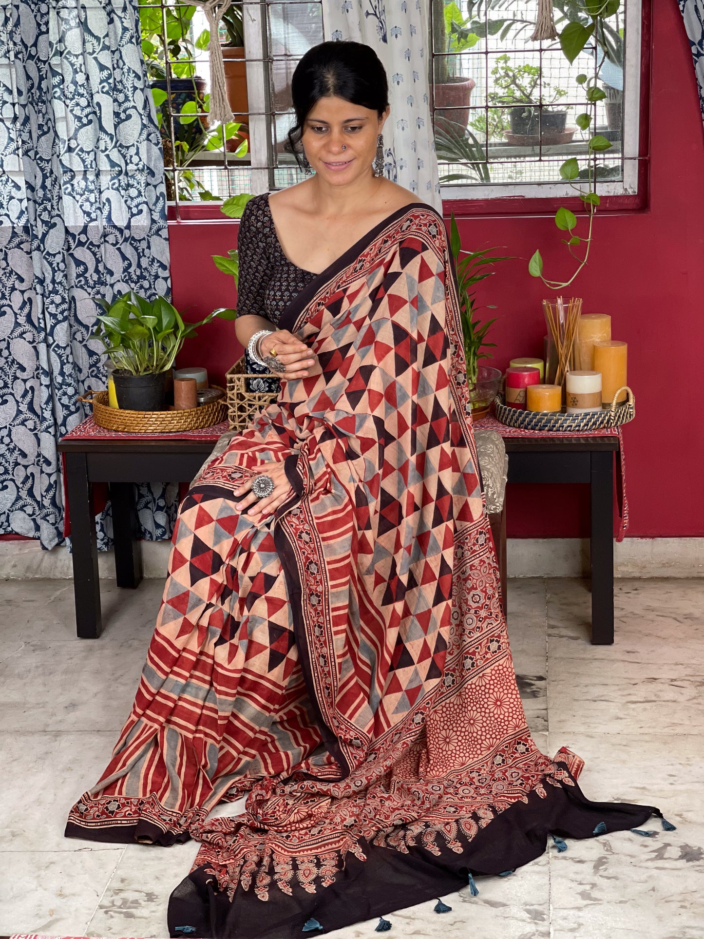 Handblock Printed  Natural Dyed  Ajrakh Mull Cotton Saree