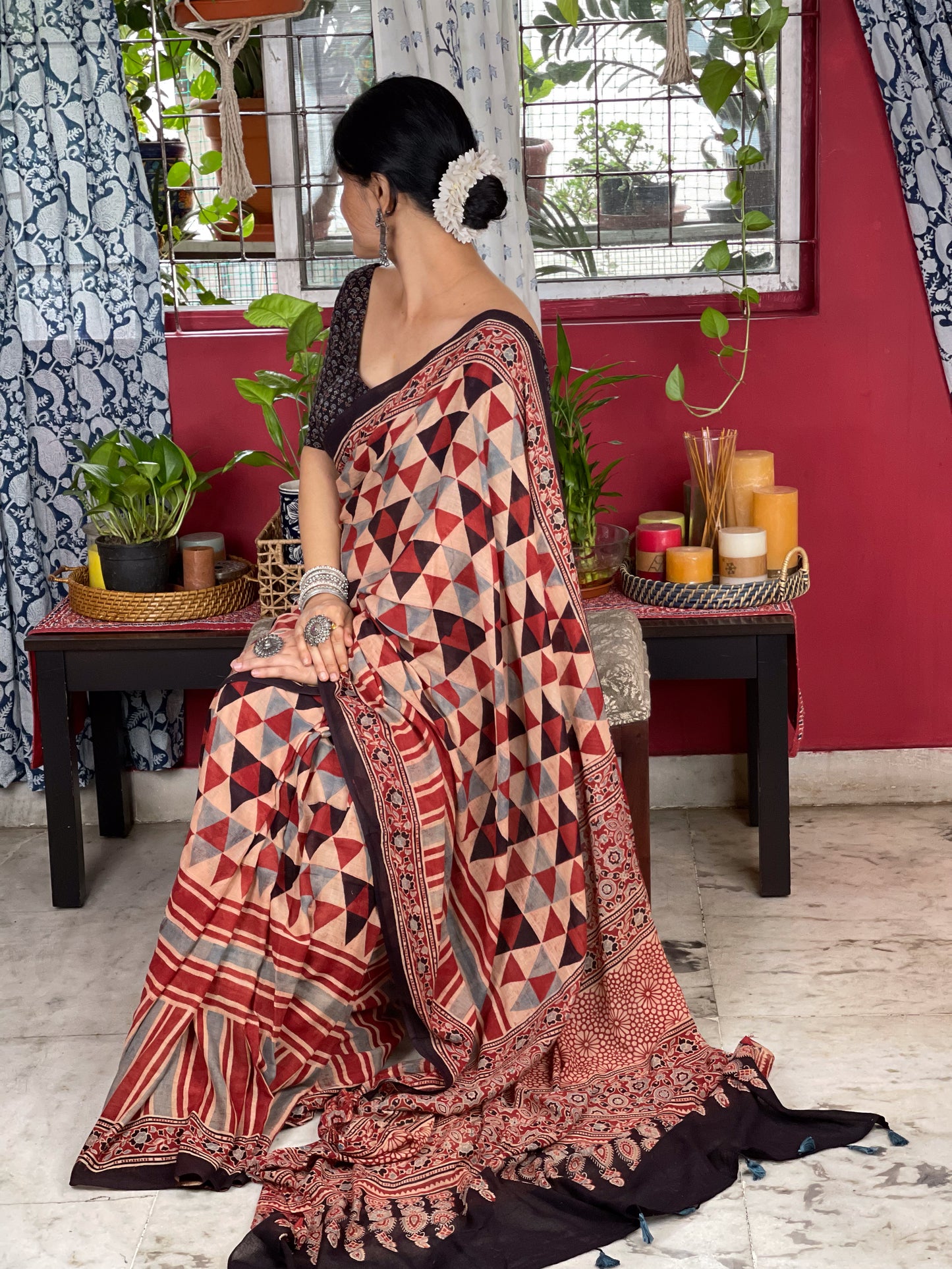 Handblock Printed  Natural Dyed  Ajrakh Mull Cotton Saree