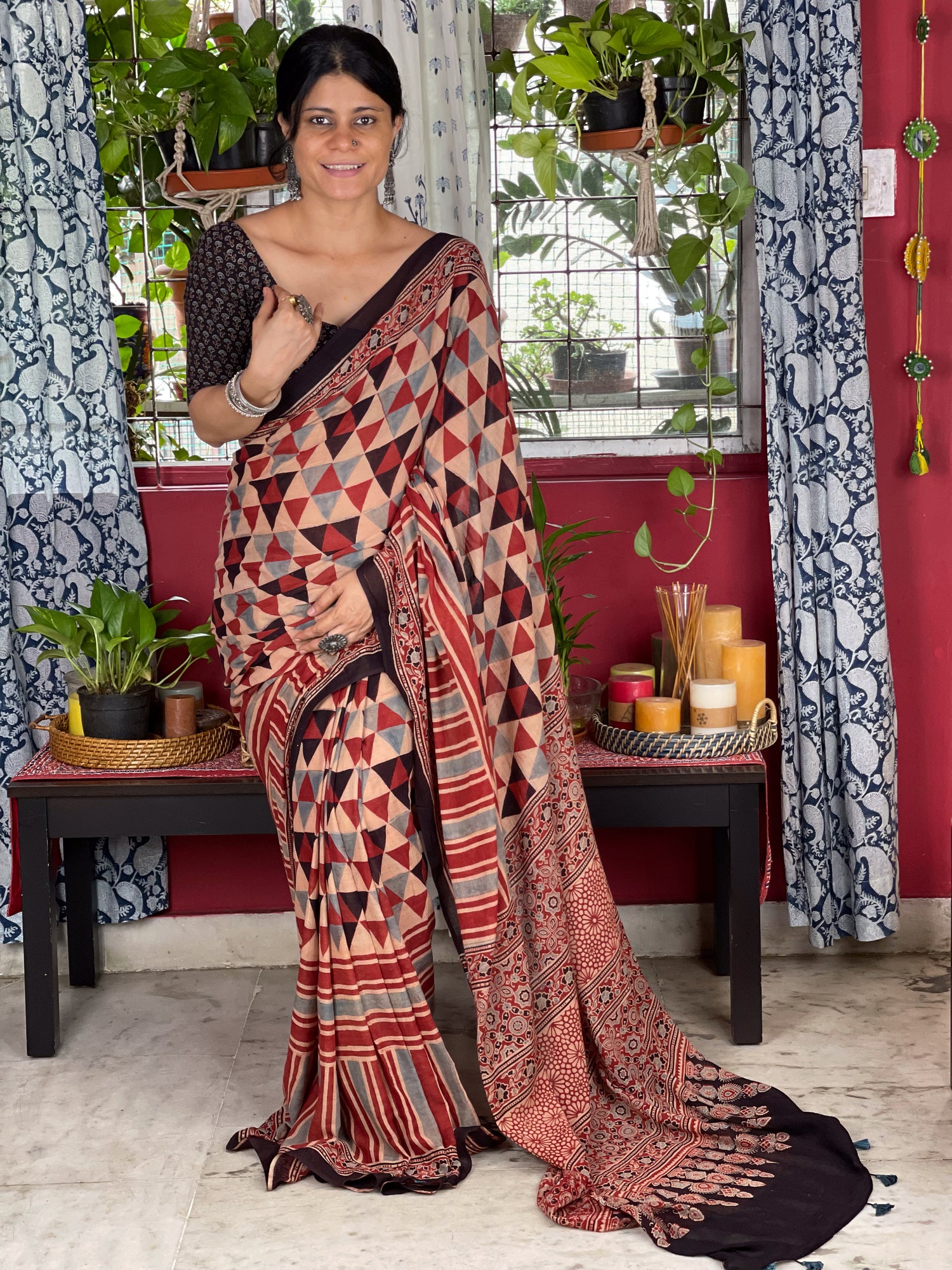 Handblock Printed  Natural Dyed  Ajrakh Mull Cotton Saree