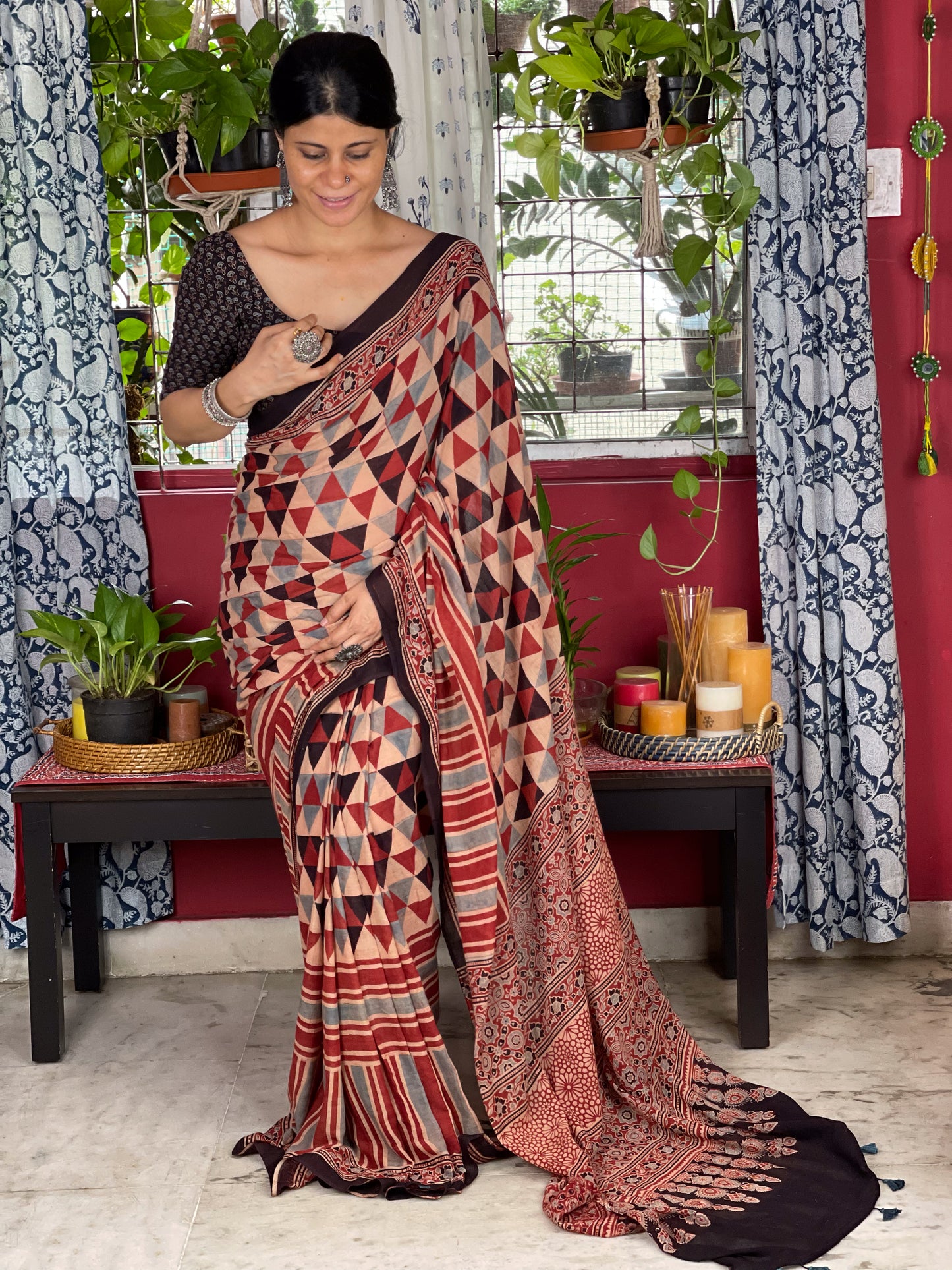 Handblock Printed  Natural Dyed  Ajrakh Mull Cotton Saree