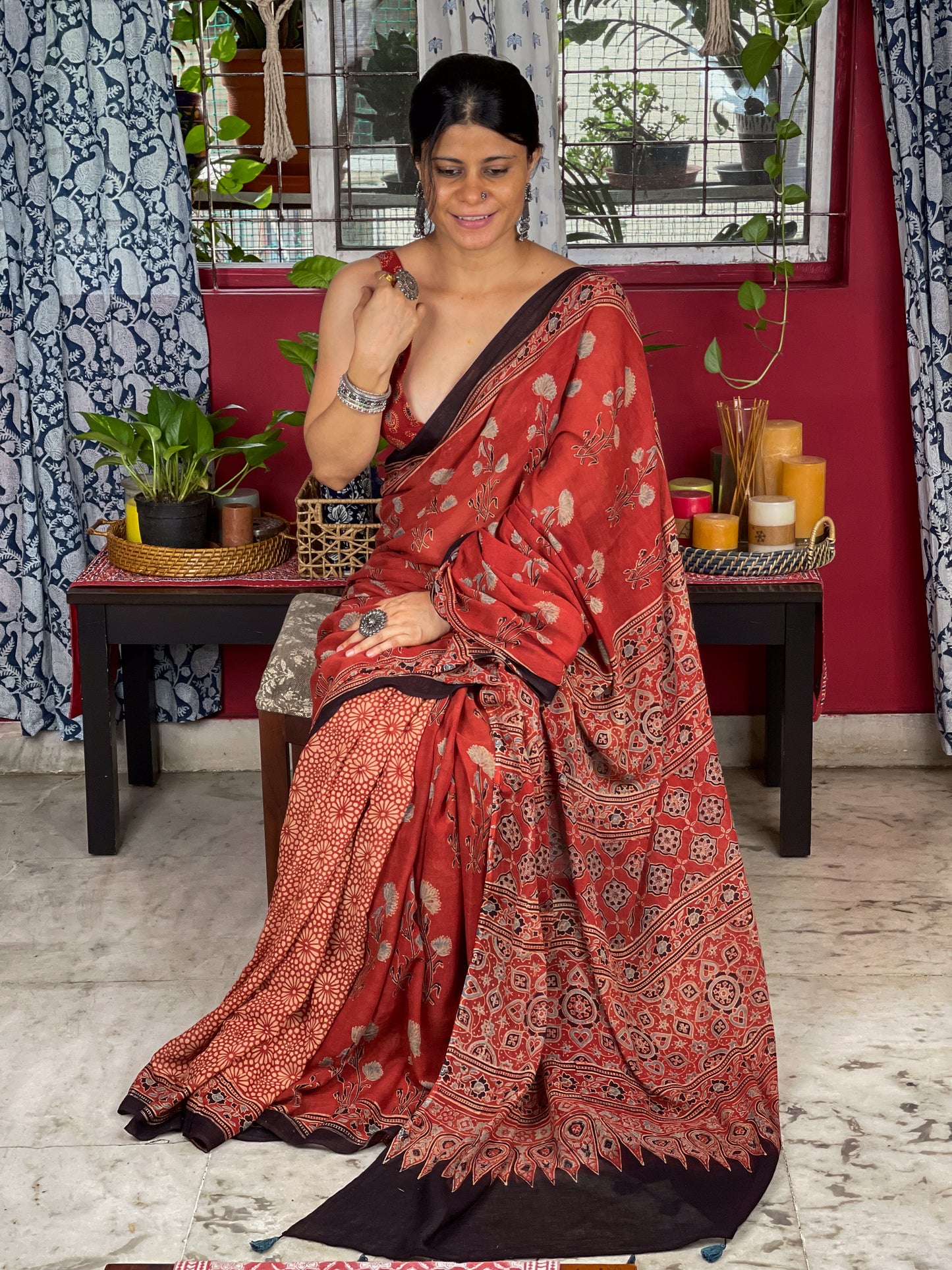 Handblock Printed  Natural Dyed  Ajrakh Mull Cotton Saree