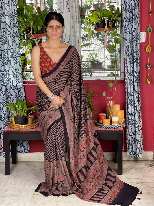 Handblock Printed  Natural Dyed  Ajrakh Mull Cotton Saree