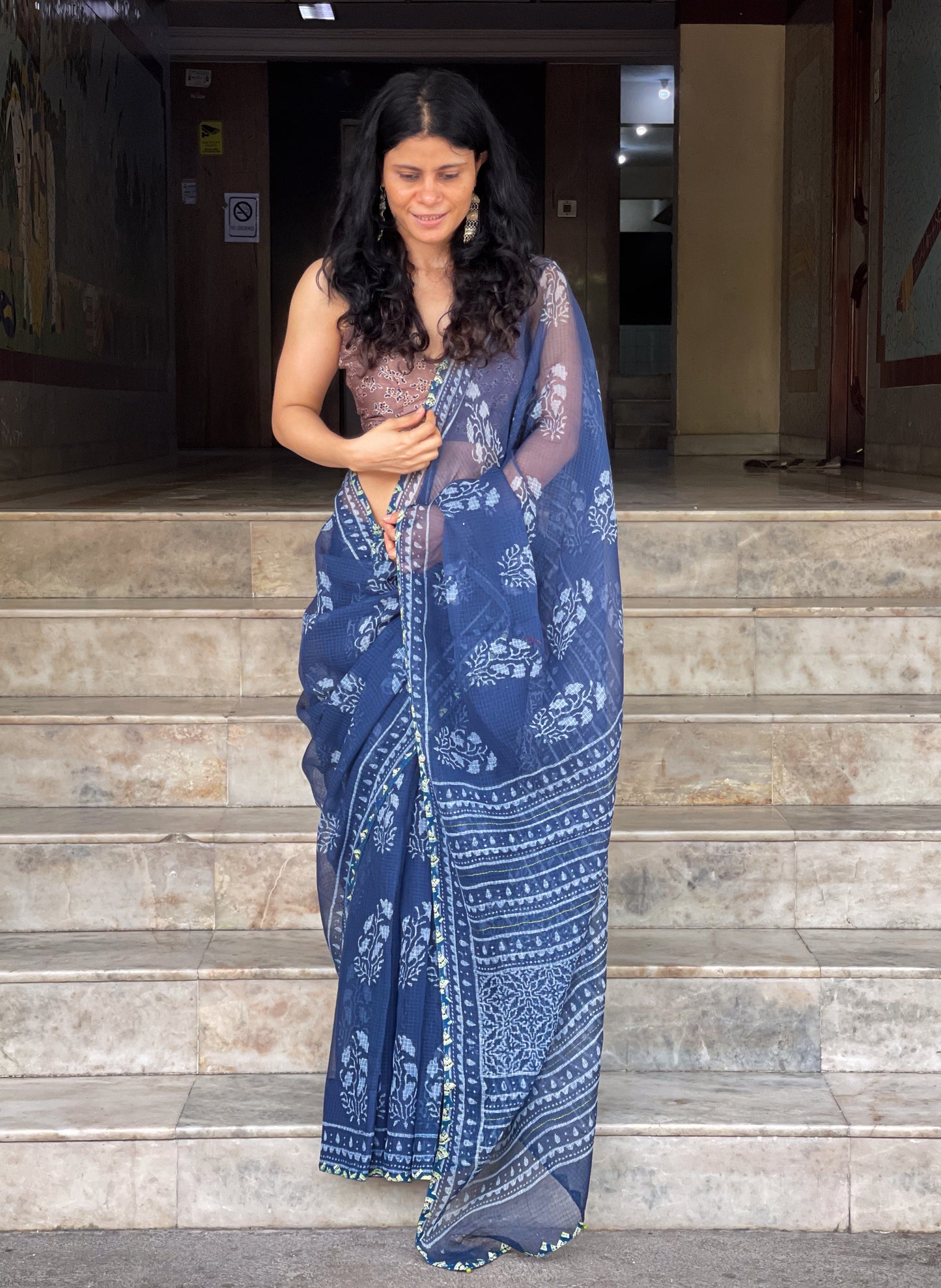 Hand block & Applique Hand Embroidered  Kota Doria Saree