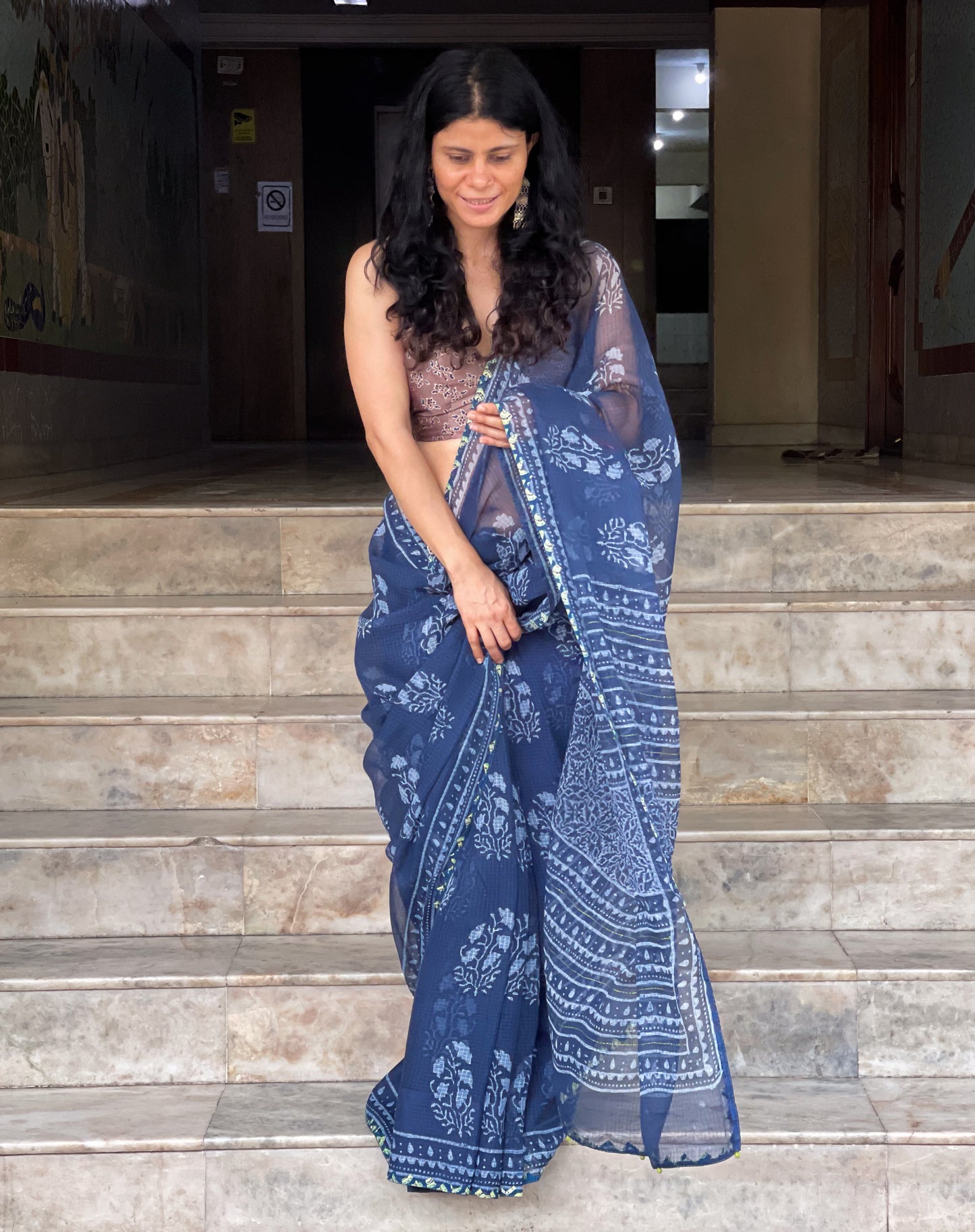 Hand block & Applique Hand Embroidered  Kota Doria Saree