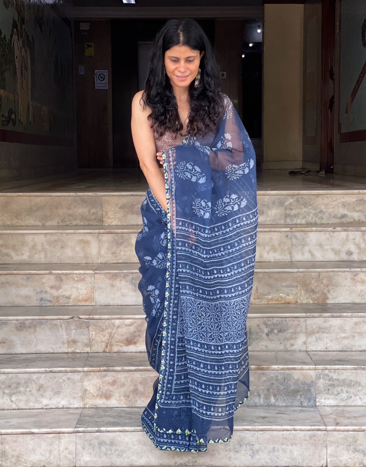 Hand block & Applique Hand Embroidered  Kota Doria Saree
