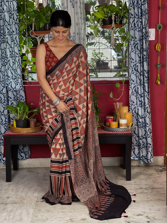 Handblock Printed  Natural Dyed  Ajrakh Mull Cotton Saree