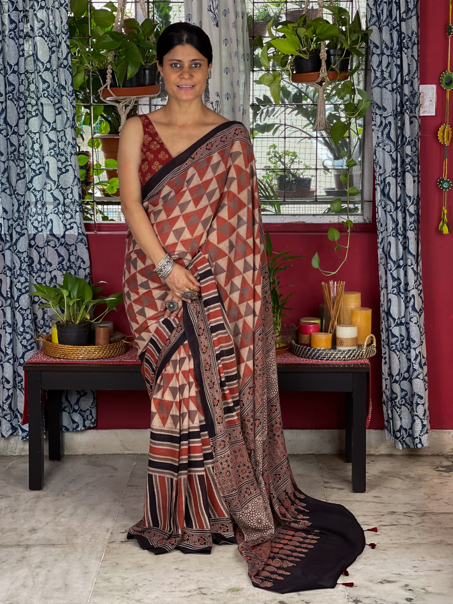 Handblock Printed  Natural Dyed  Ajrakh Mull Cotton Saree