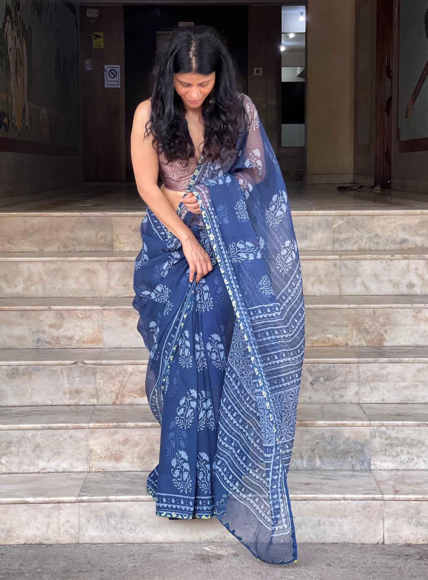Hand block & Applique Hand Embroidered  Kota Doria Saree