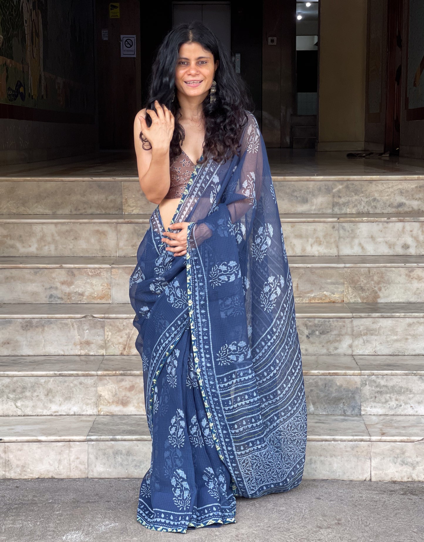 Hand block & Applique Hand Embroidered  Kota Doria Saree
