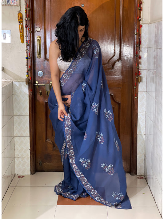Handembroidered  Chikanakri  Pure  Kota Doria Cotton Saree