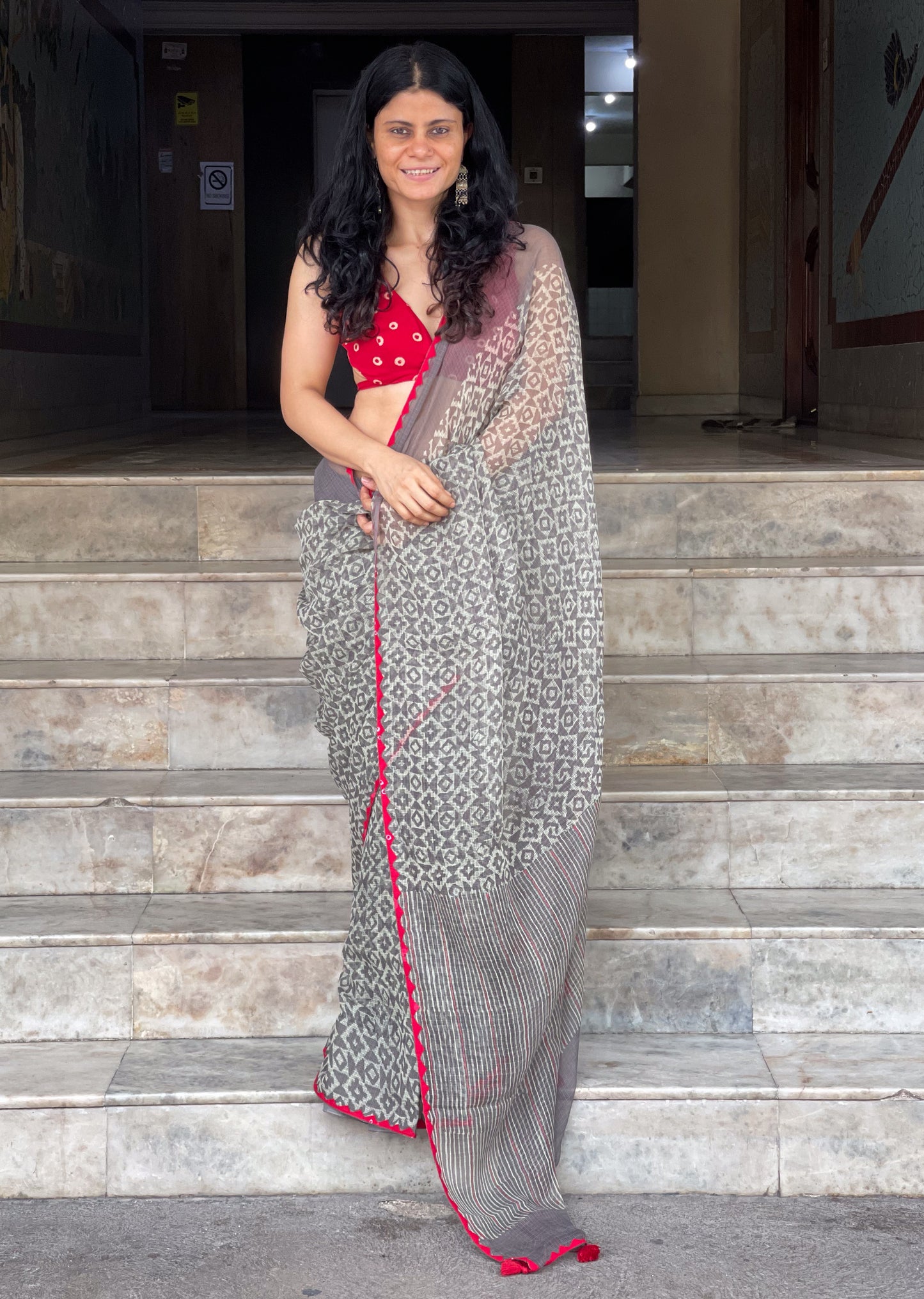 Hand block & Applique Hand Embroidered  Kota Doria Saree