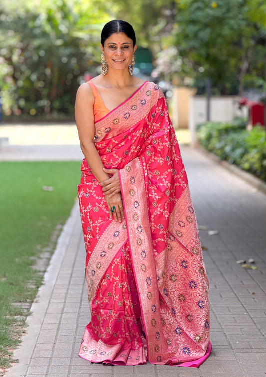 Dual Shade Rani Pink  Colour Handwoven Kadwa  Jaal Katan Silk Banarasi Saree
