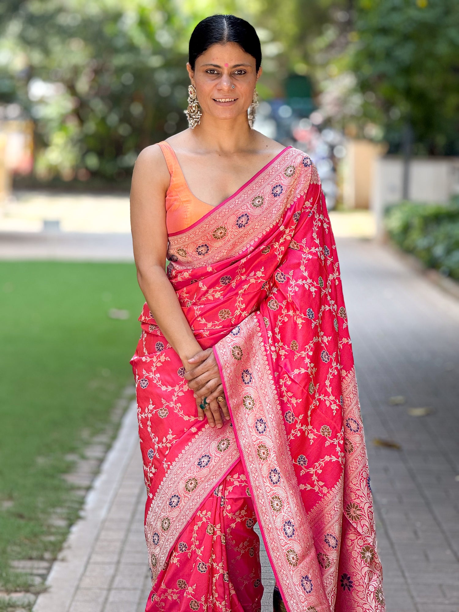 Dual Shade Rani Pink  Colour Handwoven Kadwa  Jaal Katan Silk Banarasi Saree