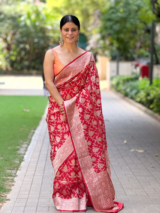Deep Red Colour Pure  Meenakari /Silver Alfi Jangle Weaving Handloom Katan Mulbery Silk Saree