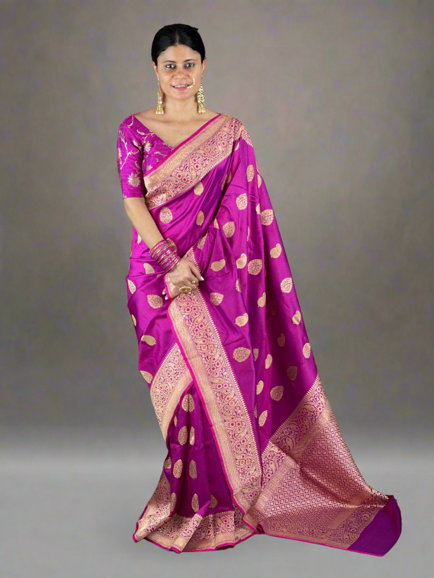 Magenta Colour Handwoven Kadwa Meenakari Katan Silk Banarasi Saree