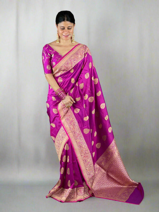 Magenta Colour Handwoven Kadwa Meenakari Katan Silk Banarasi Saree