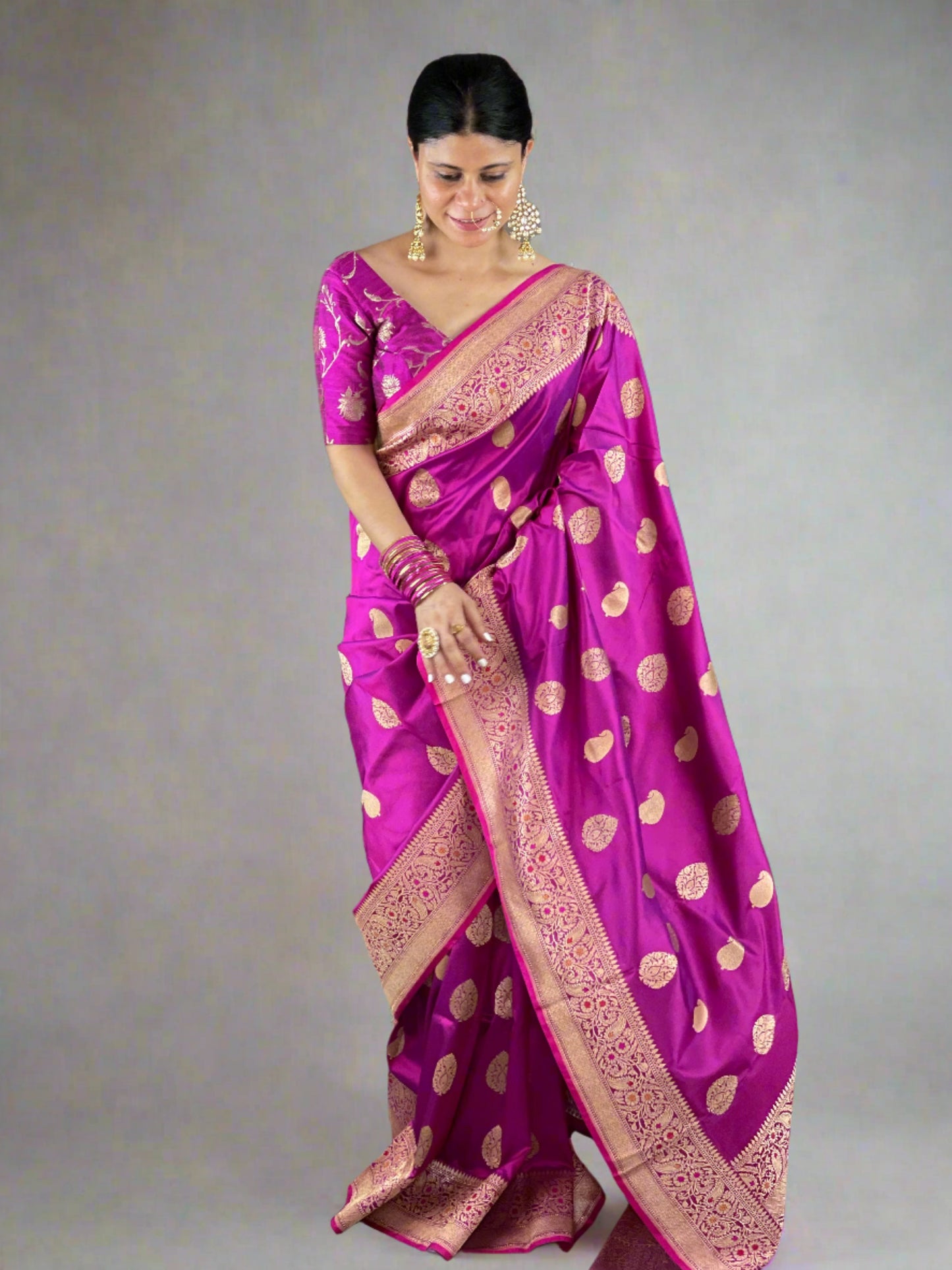 Magenta Colour Handwoven Kadwa Meenakari Katan Silk Banarasi Saree