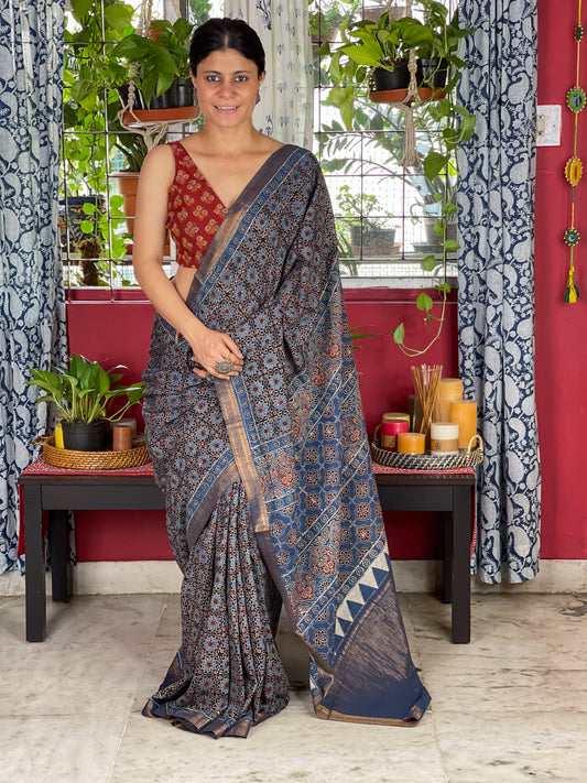 Handblock Printed  Natural Dyed  Ajrakh Mull Cotton Saree