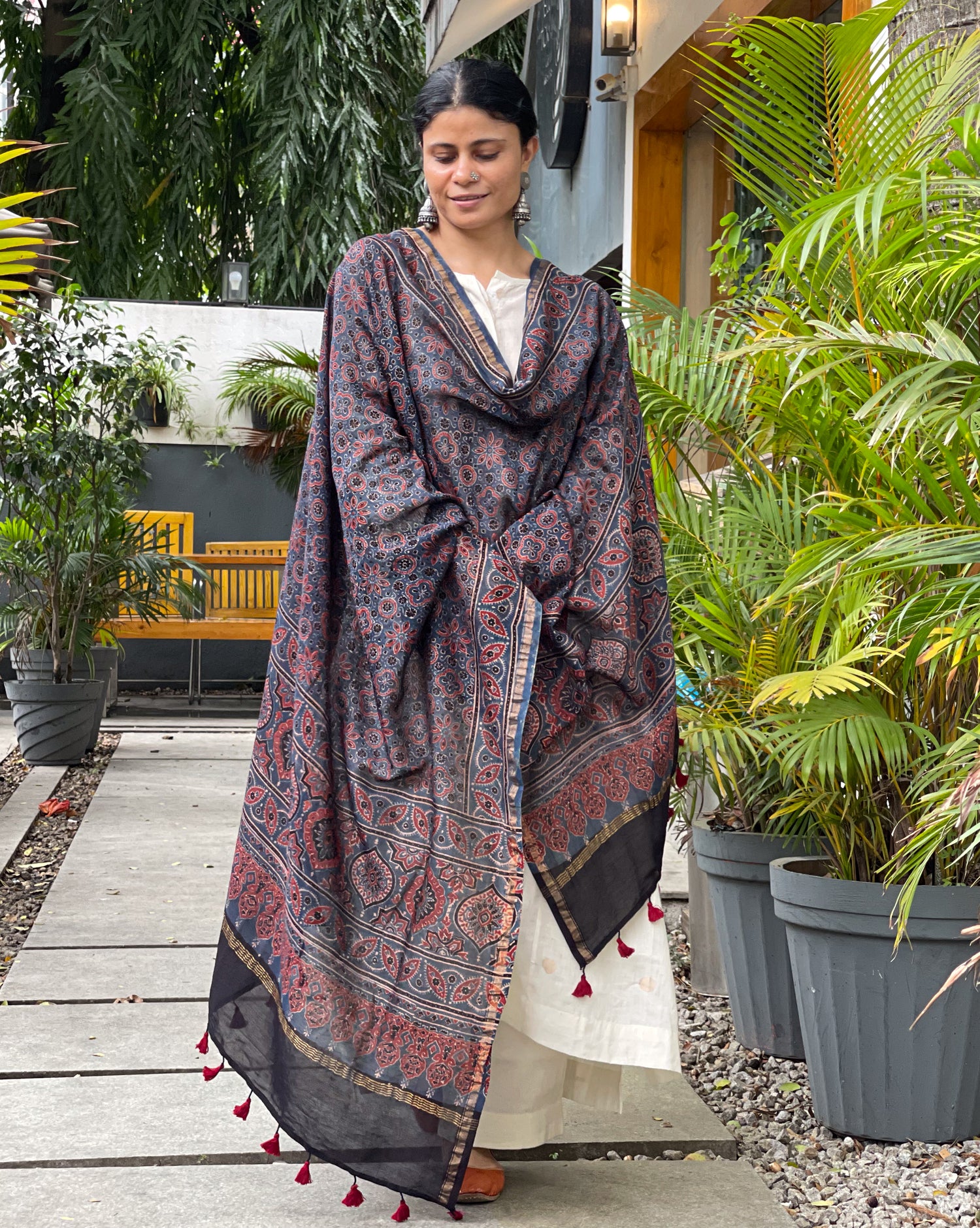 Natural Dyed Handblock Printed Ajrakh  Chanderi Silk Dupatta