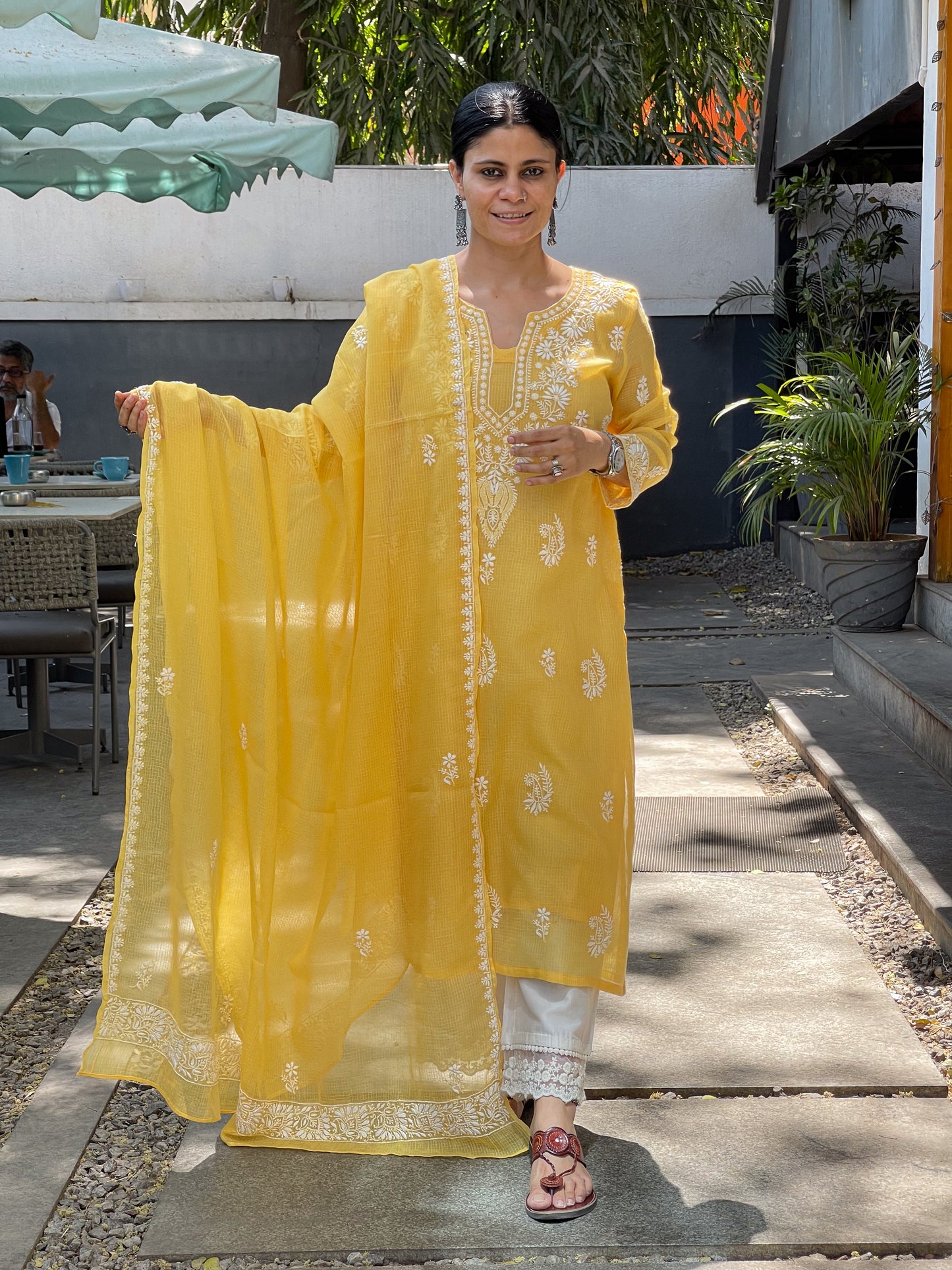 Handembroidered Chikankari Kota Doria With Dupatta
