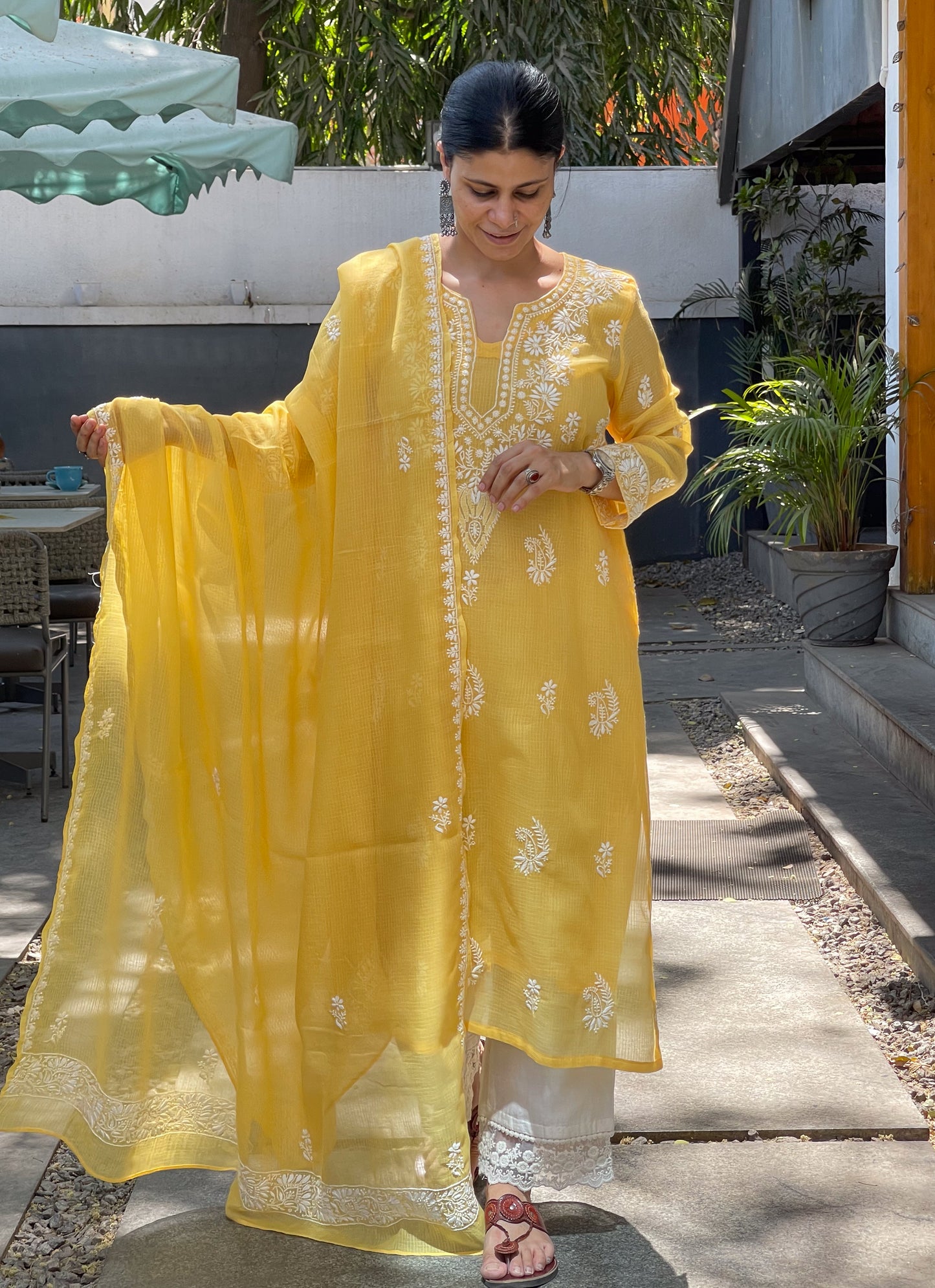 Handembroidered Chikankari Kota Doria With Dupatta