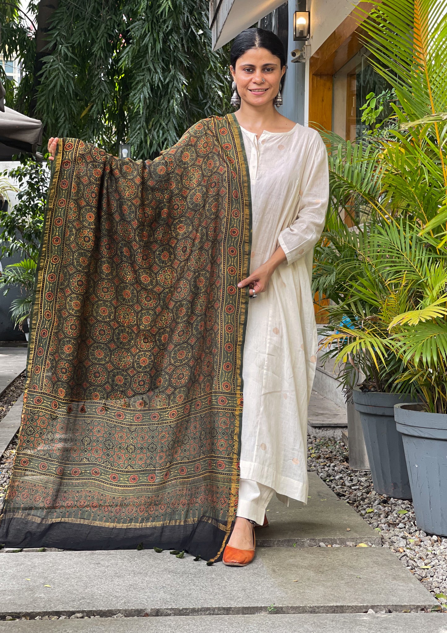 Natural Dyed Handblock Printed Ajrakh  Chanderi Silk Dupatta