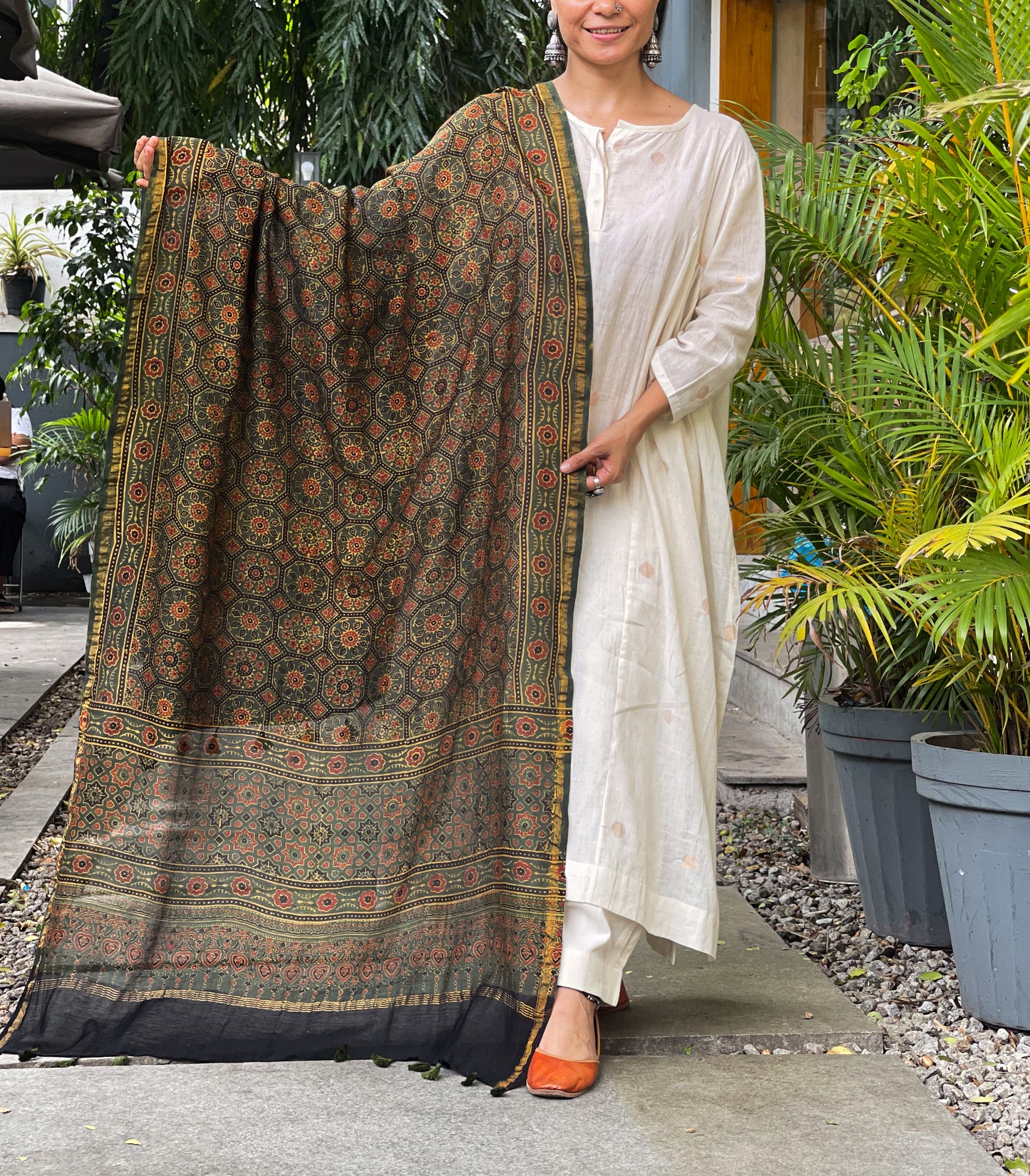 Natural Dyed Handblock Printed Ajrakh  Chanderi Silk Dupatta