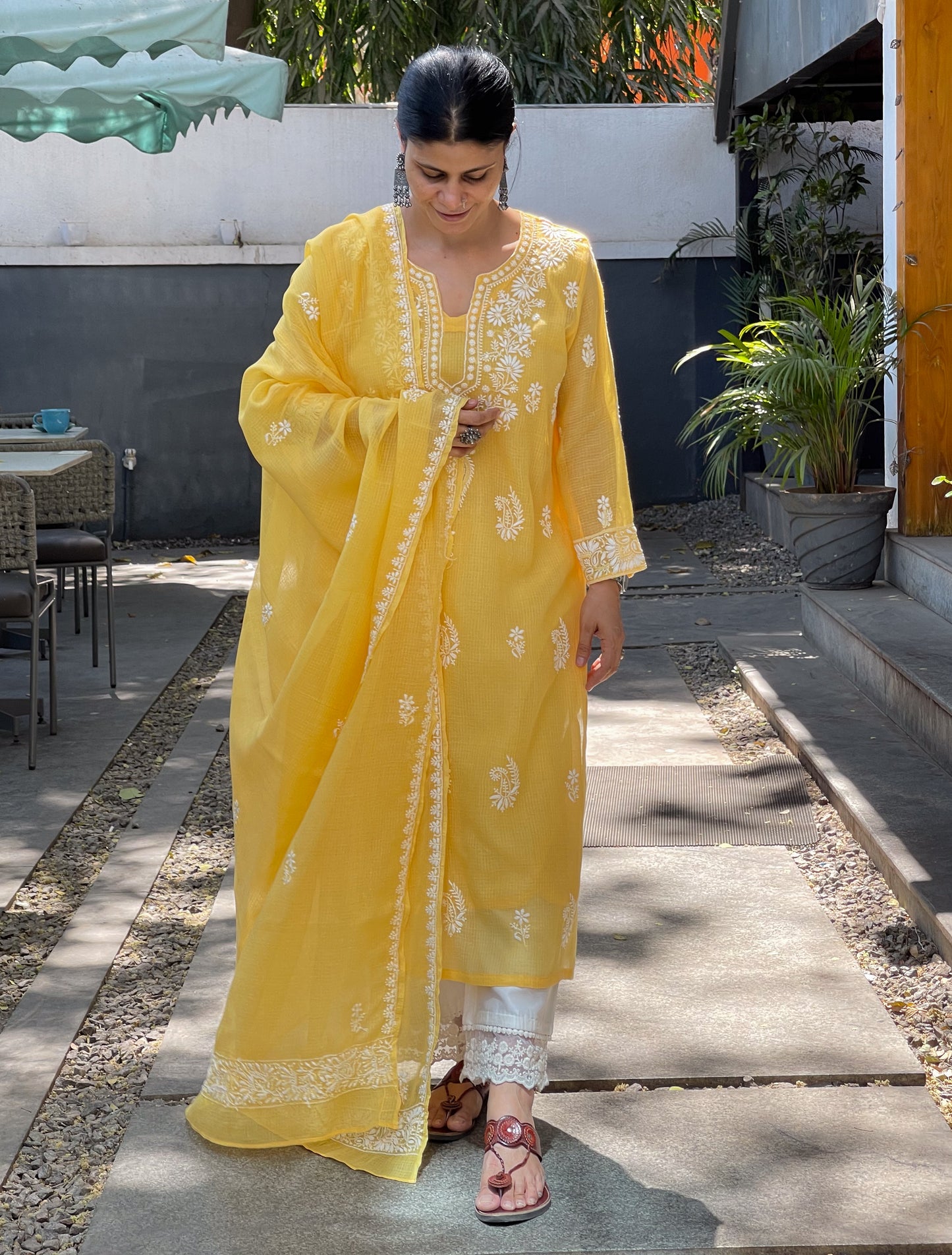 Handembroidered Chikankari Kota Doria With Dupatta