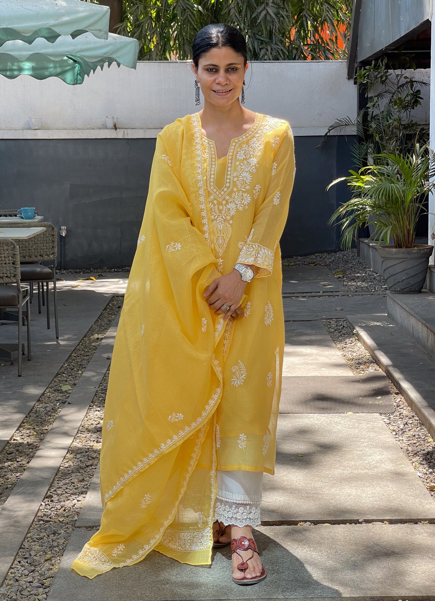 Handembroidered Chikankari Kota Doria With Dupatta