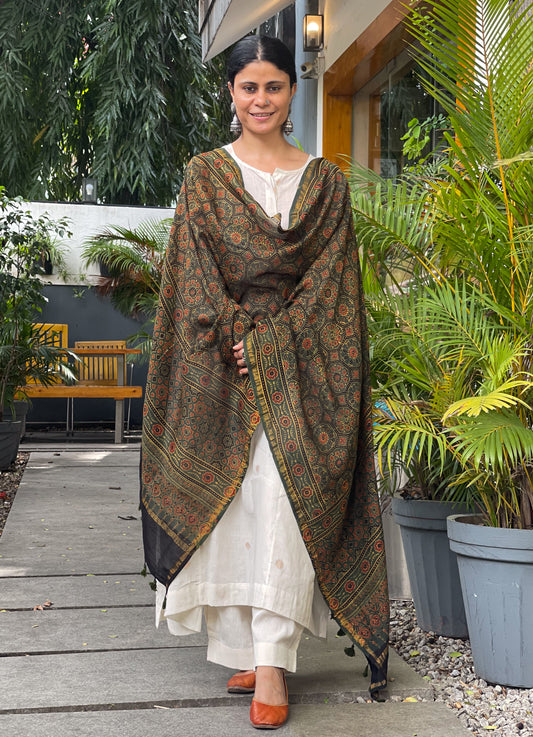 Natural Dyed Handblock Printed Ajrakh  Chanderi Silk Dupatta