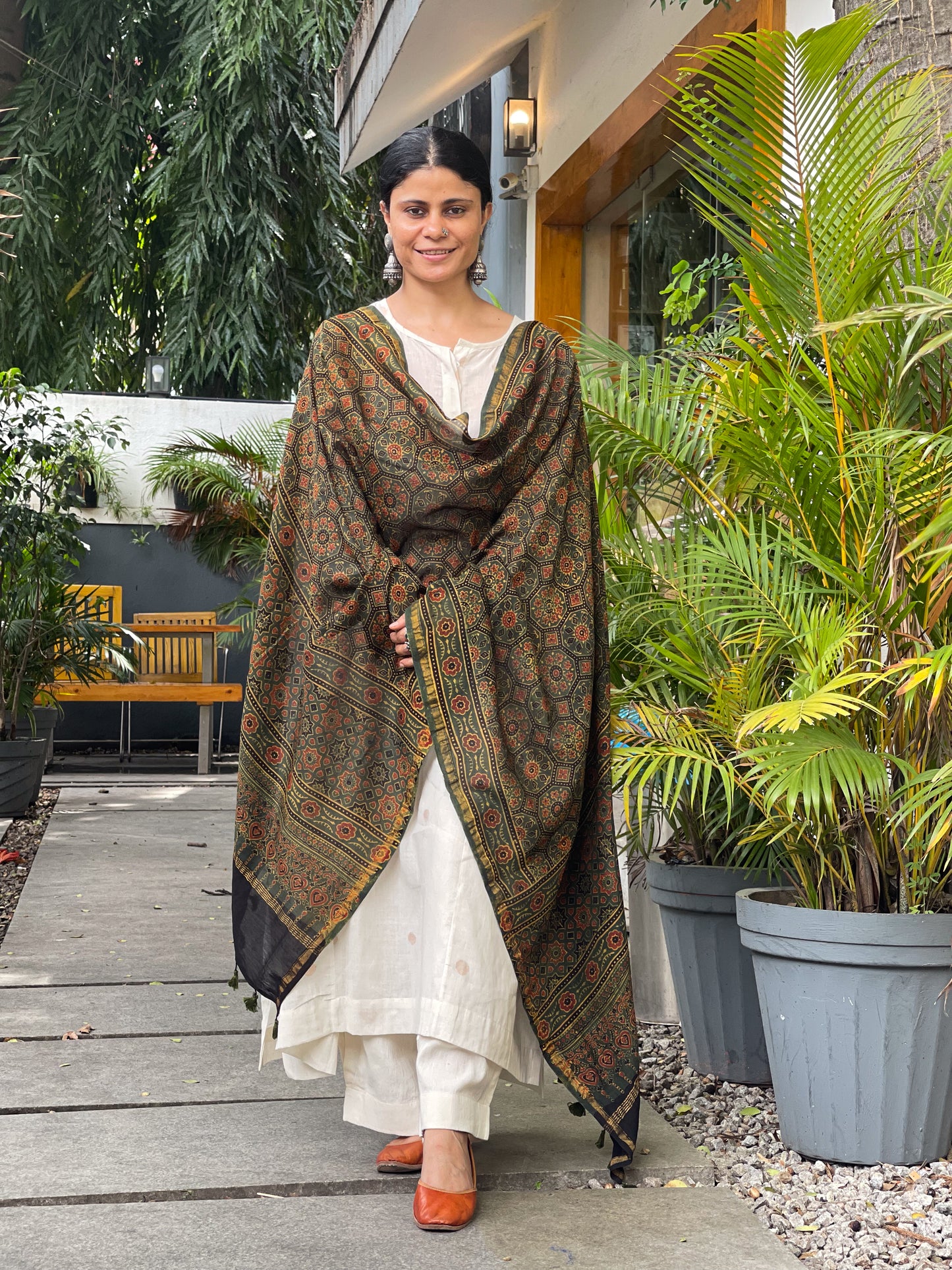 Natural Dyed Handblock Printed Ajrakh  Chanderi Silk Dupatta
