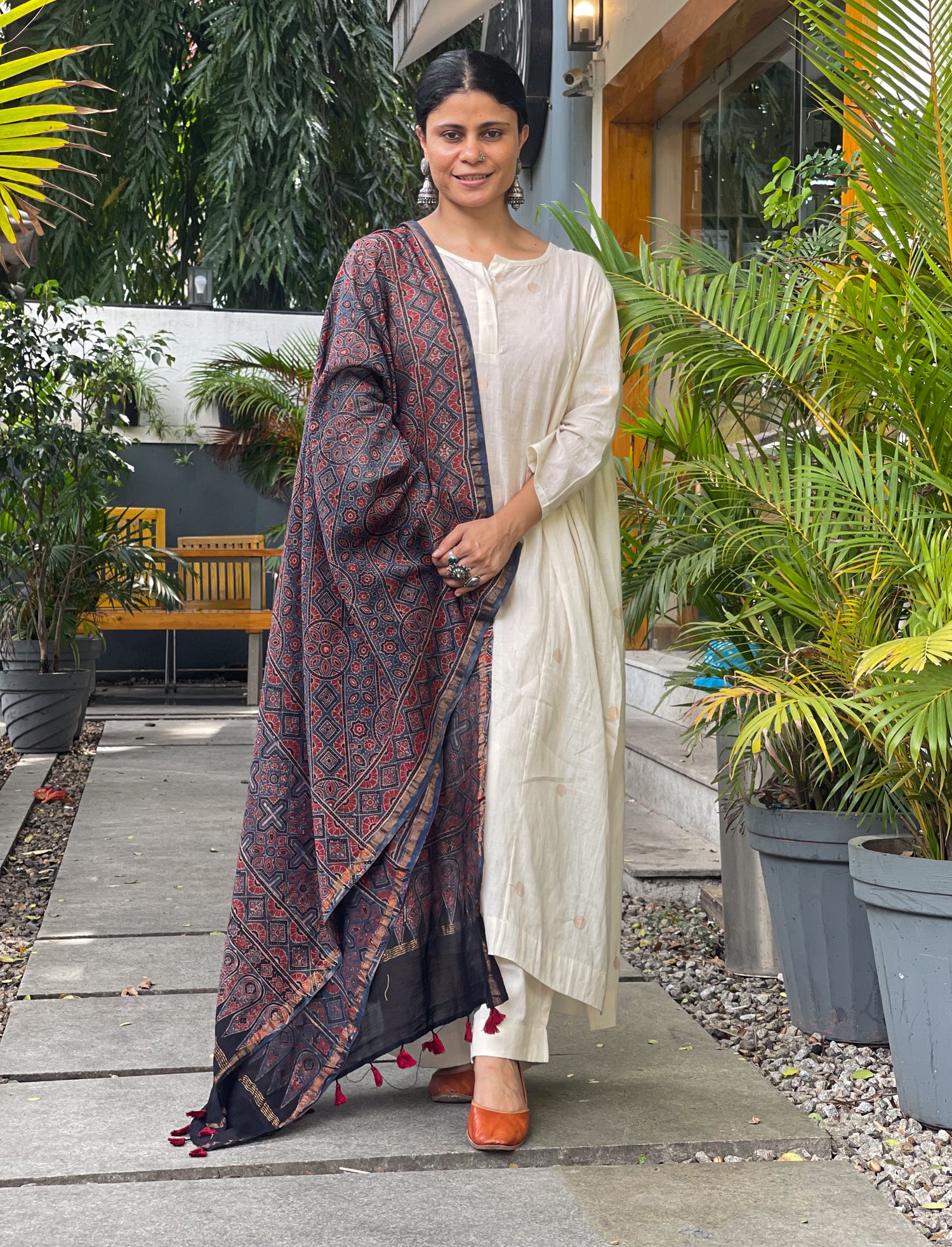 Natural Dyed Handblock Printed Ajrakh  Chanderi Silk Dupatta