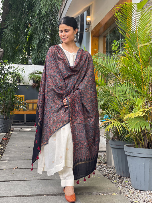 Natural Dyed Handblock Printed Ajrakh  Chanderi Silk Dupatta