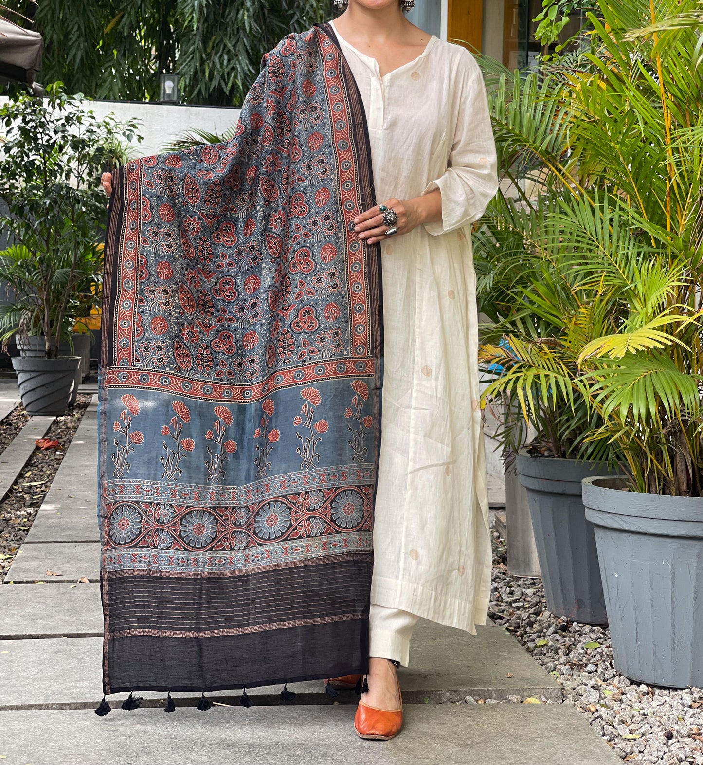 Natural Dyed Handblock Printed Ajrakh  Chanderi Silk Dupatta
