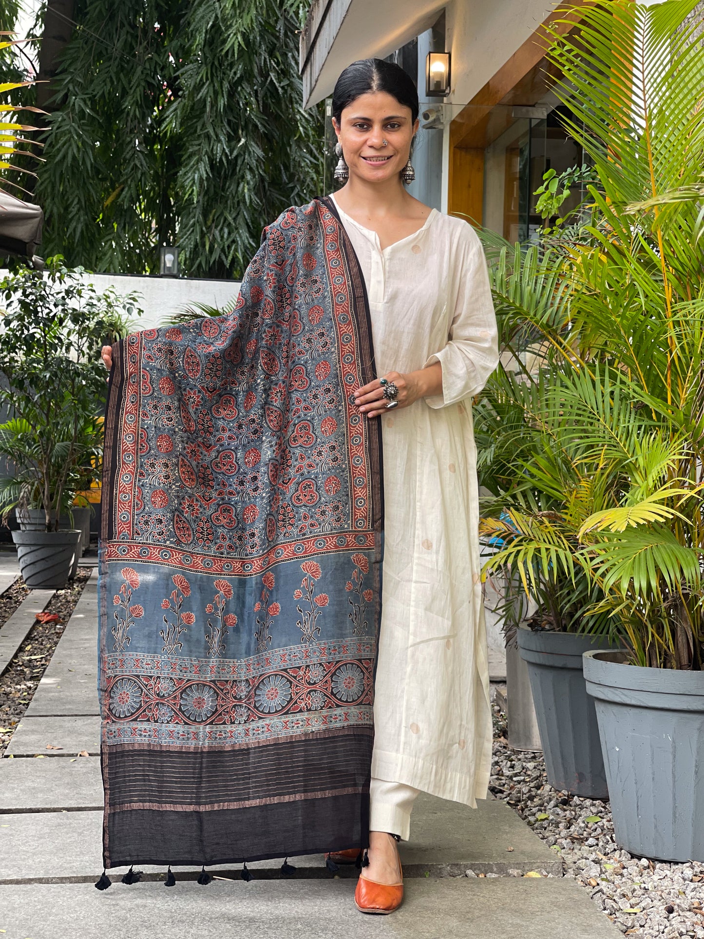 Natural Dyed Handblock Printed Ajrakh  Chanderi Silk Dupatta